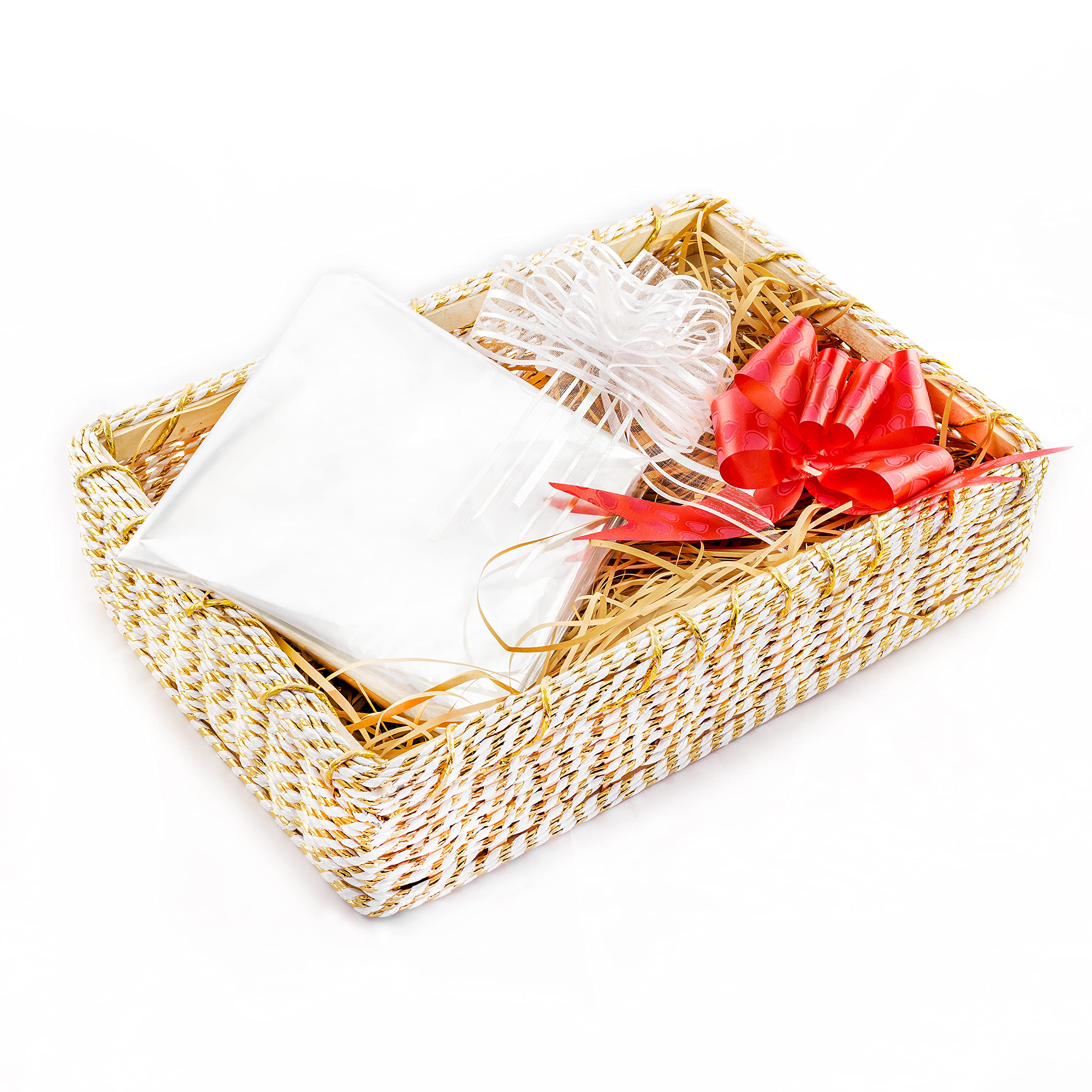 Cestini Regalo In Vimini 35x25 Cm | Set Da 2 Con Fiocchi E Rafia | Per Matrimoni, Compleanni, Natale - Foto 5