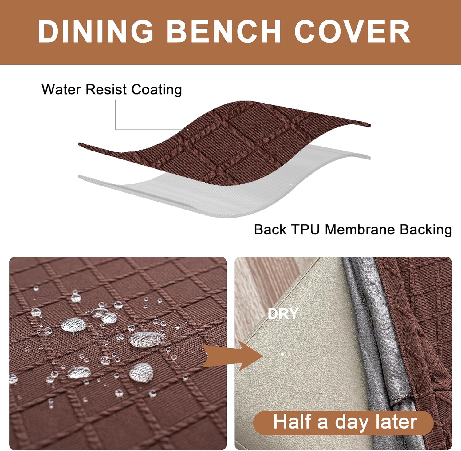Condition photo showing As Is for genina stretch dining bench covers, waterproof stretch jacquard bench seat protector cover, rectangular bench cover for bedrooms, living rooms, kitchens, removable, washable-chocolate chocolate argyle