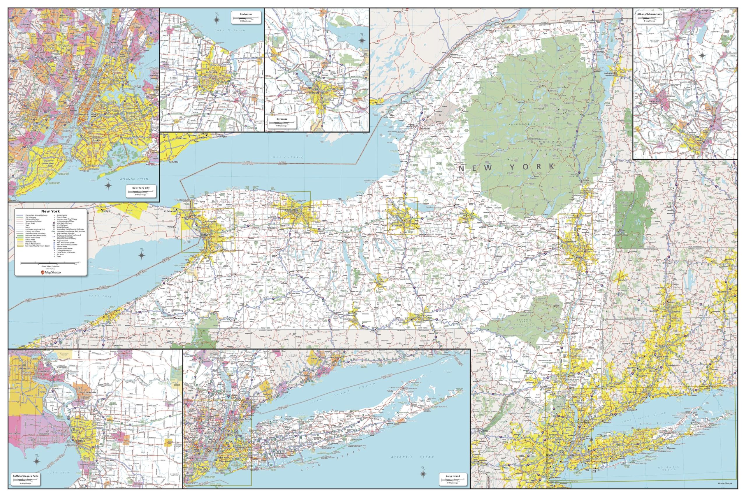 MapSherpa: Mapa ścienna stanu Nowy Jork - bardzo duża - 152 x 102 cm plakat - laminowanie przednie