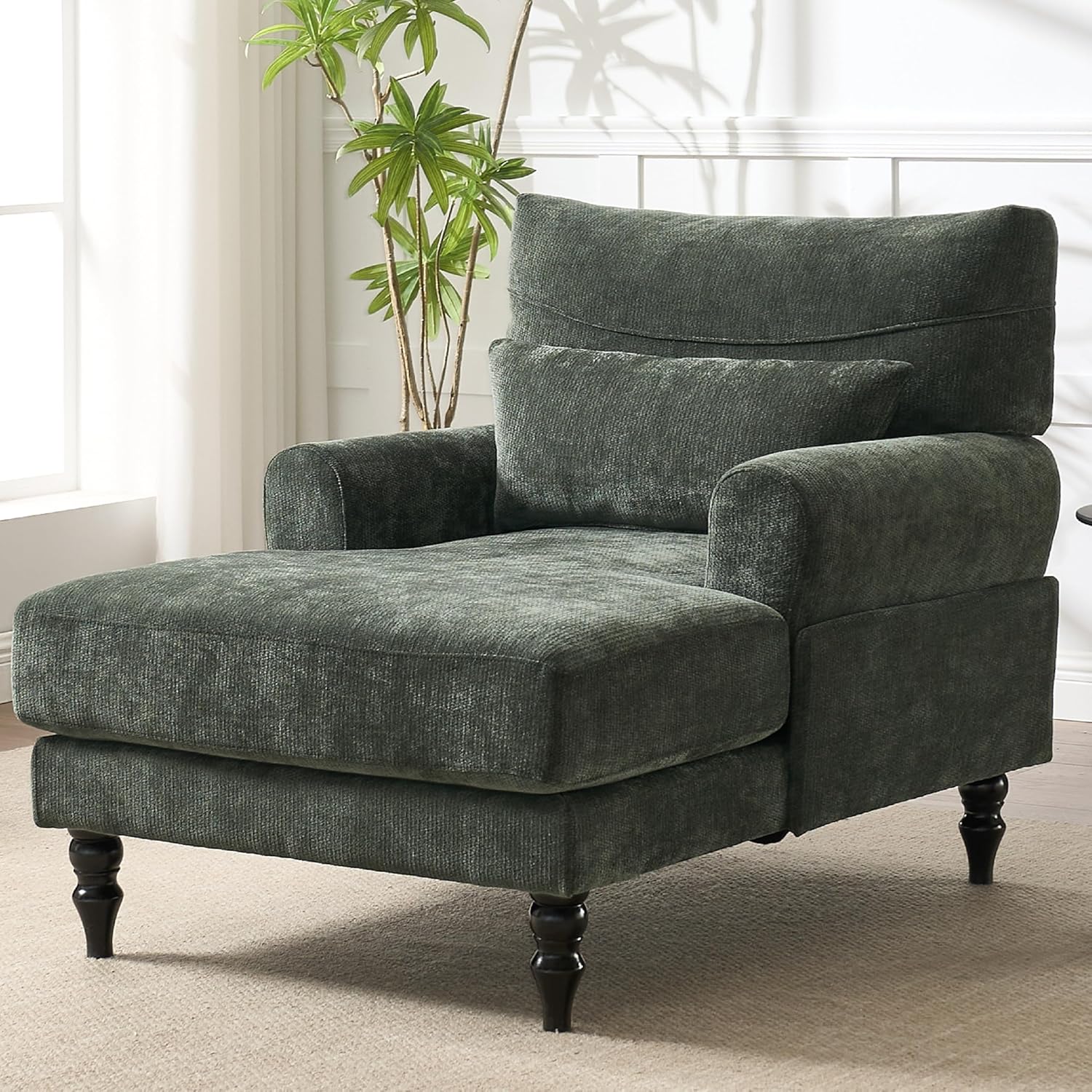 KEIKI Chaise Lounge Chair Indoor, Modern Leisure Sleeper Sofa Chair w/Double Deep Cushion, Accent Upholstered Reading Side Armchair, Recliner Arm Chairs for Living Room & Bedroom, Easy Assembly, Green