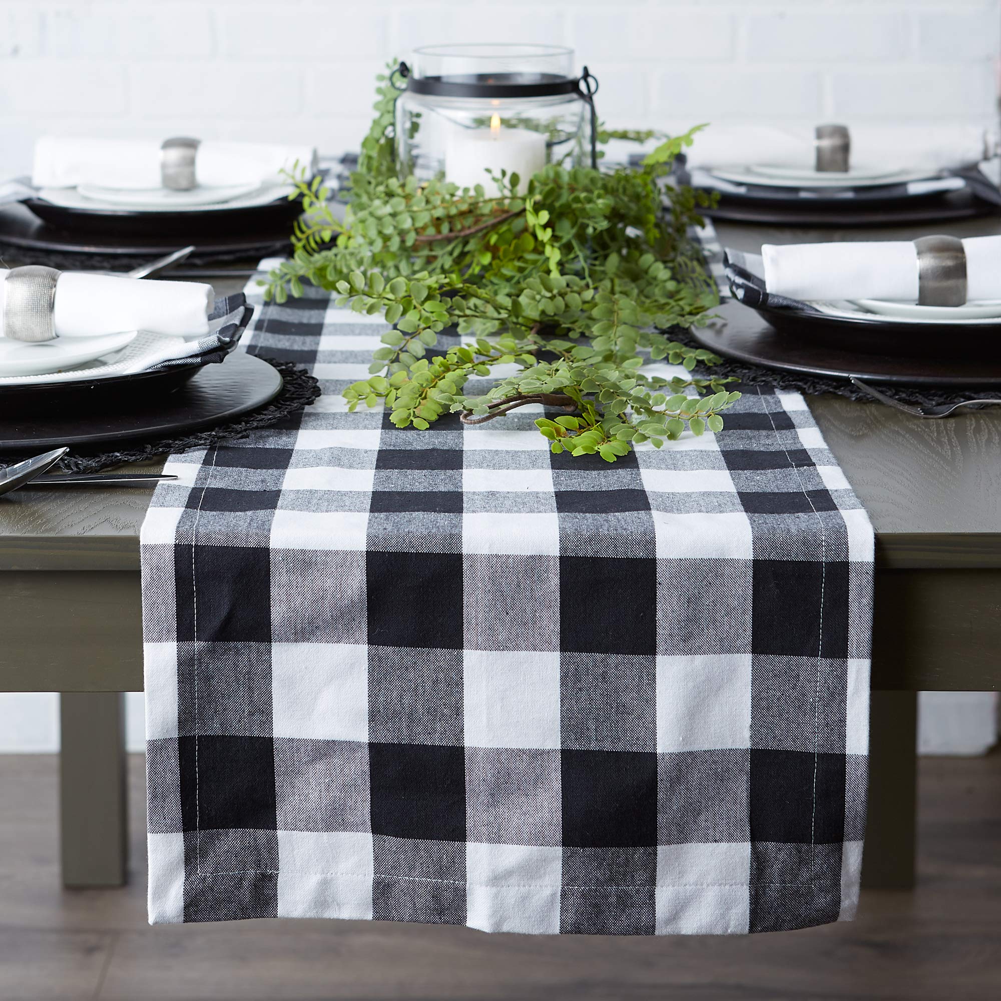 DII Cotton Buffalo Check Table Runner for Family Dinners or Gatherings, Indoor or Outdoor Parties, Everyday Use (14x108, Seats 8-10 People), Black & White 2
