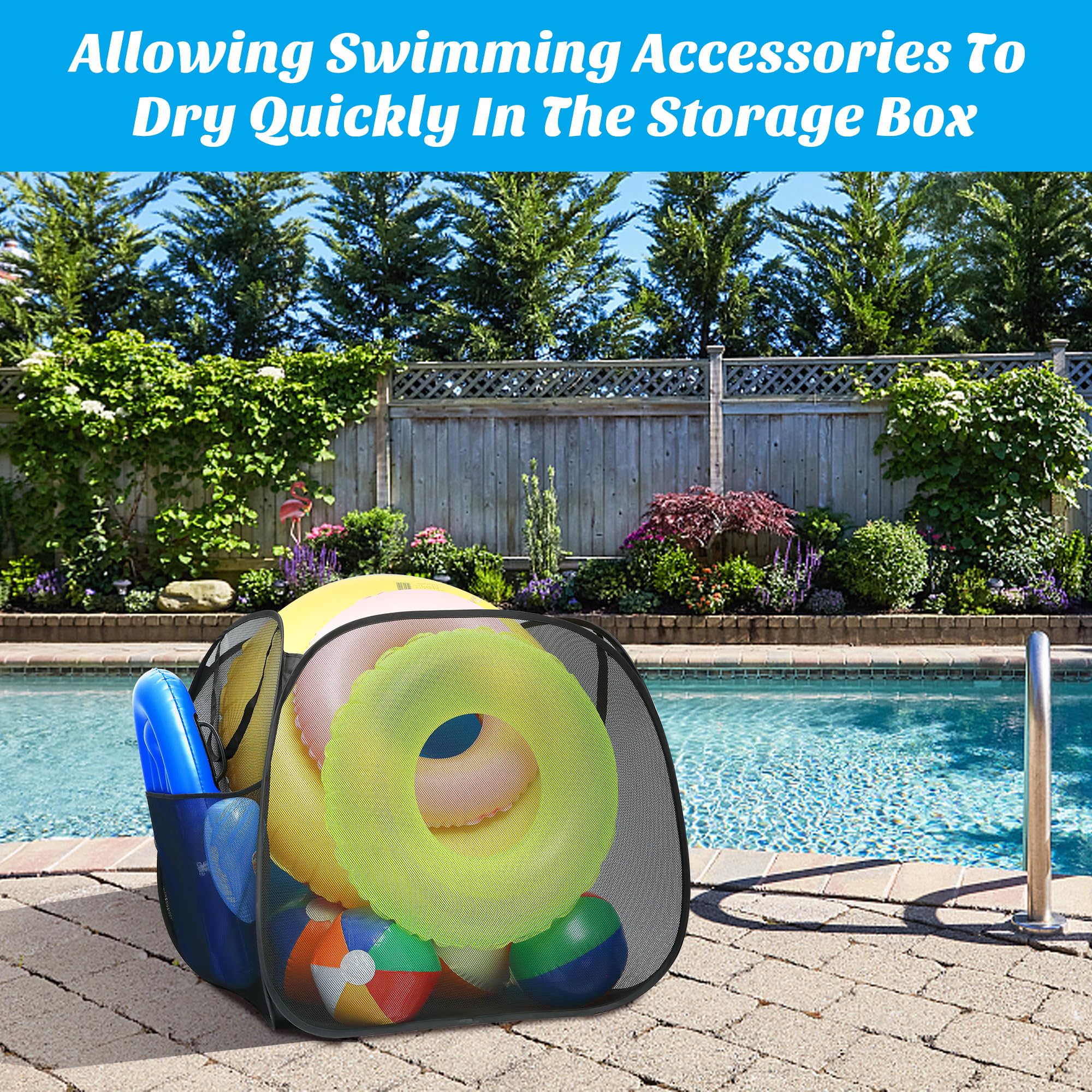 Adnee Pool-Spielzeug-Aufbewahrungsbehälter, 76,2 x 76,2 x 76,2 cm, Nylon-Netz, Pool-Organizer mit Seitentasche, schnell trocknend, Pool- Aufbewahrung für Schwimmer, Strandbälle, Handtuch und anderes Baumarkt