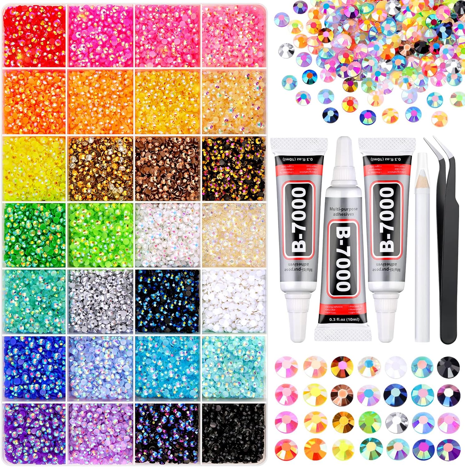 34000Pcs Resin Rhinestones for Bedazzling Kit, Mixed-Color 3mm Bedazzled Crystal with 3Pcs 10ml B7000 Jewelry Glue, Flatback Gems for DIY Crafts Clothing Nail Art Makeup