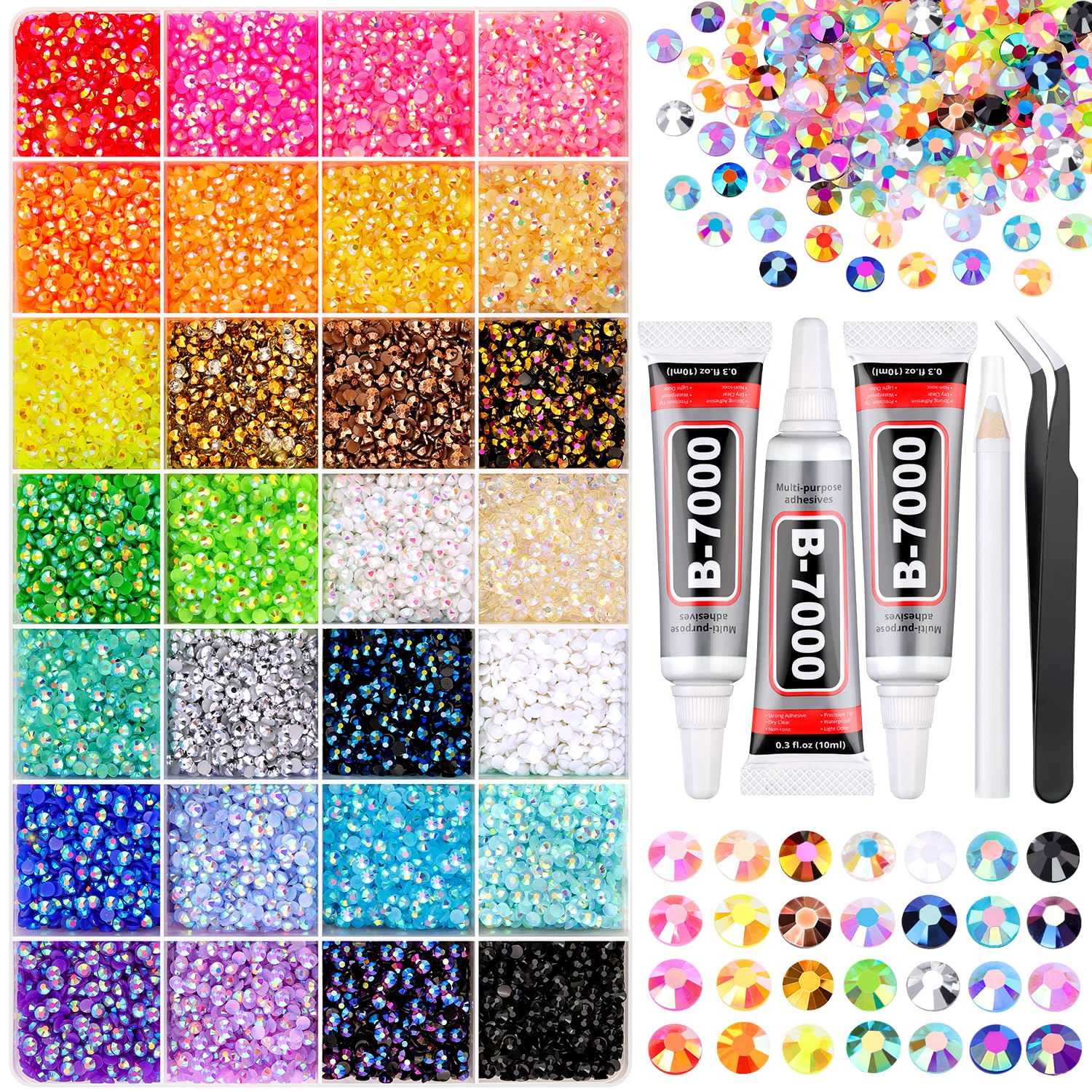 34000Pcs Resin Rhinestones for Bedazzling Kit, Mixed-Color 3mm Bedazzled Crystal with 3Pcs 10ml B7000 Jewelry Glue, Flatback Gems for DIY Crafts