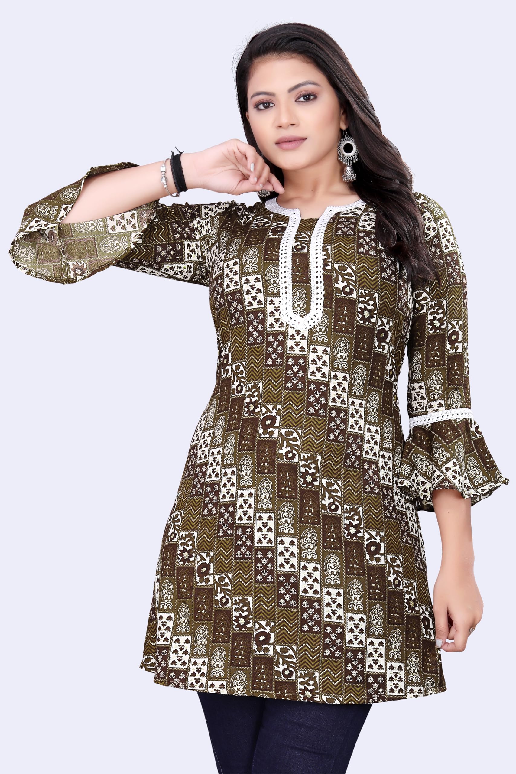 shree aksharam trends Aksharam Trends Presents Printed Rayon Fabric Tunic with Lace Boarder Pattern (AK-1330 R Tunic Lace Boarder Brown L)-picture-10