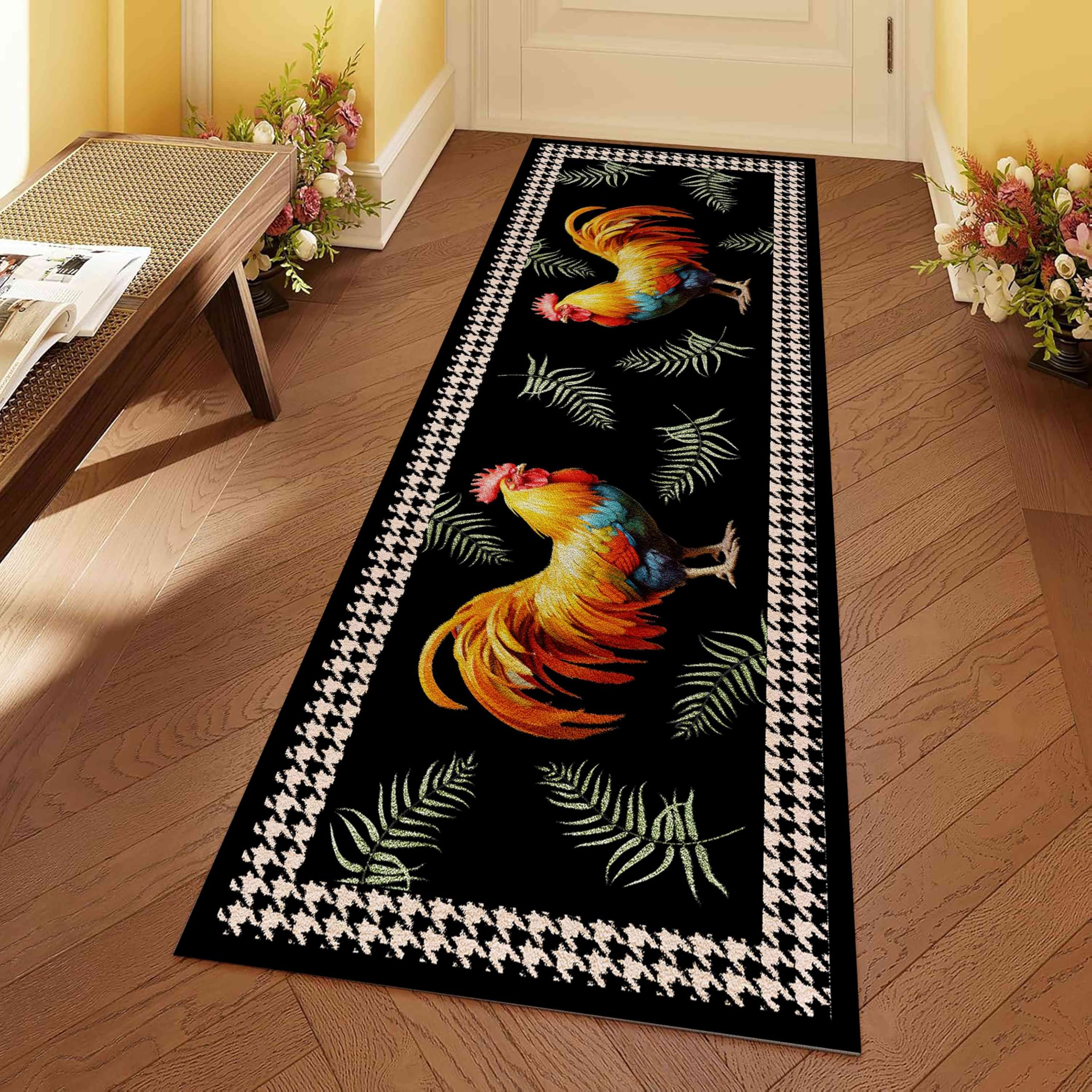 Farmhouse Runners Rugs, 2x7ft, Black and White Rustic Plaid Rooster Run Rug Entrance Carpet Farm Rooster Kitchen Floor Mats Runner Rug Washable, Non