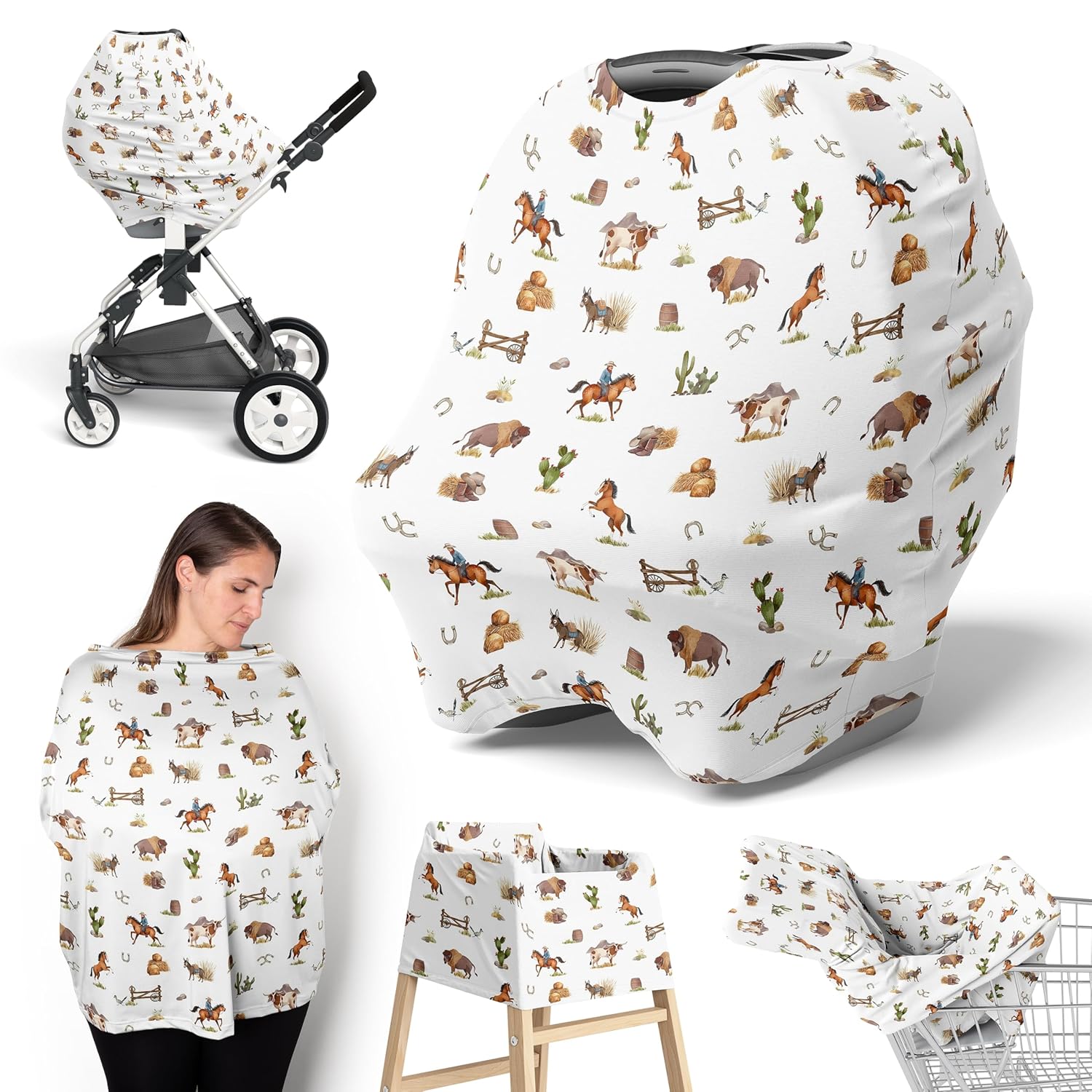Sweet Jojo Designs Western Cowboy Boy Infant Baby Car Seat Cover Nursing Breastfeeding High Chair Shopping Cart Stroller Carseat Canopy Carrier Multipurpose Use Wild West South Horse Cow Farm Animal