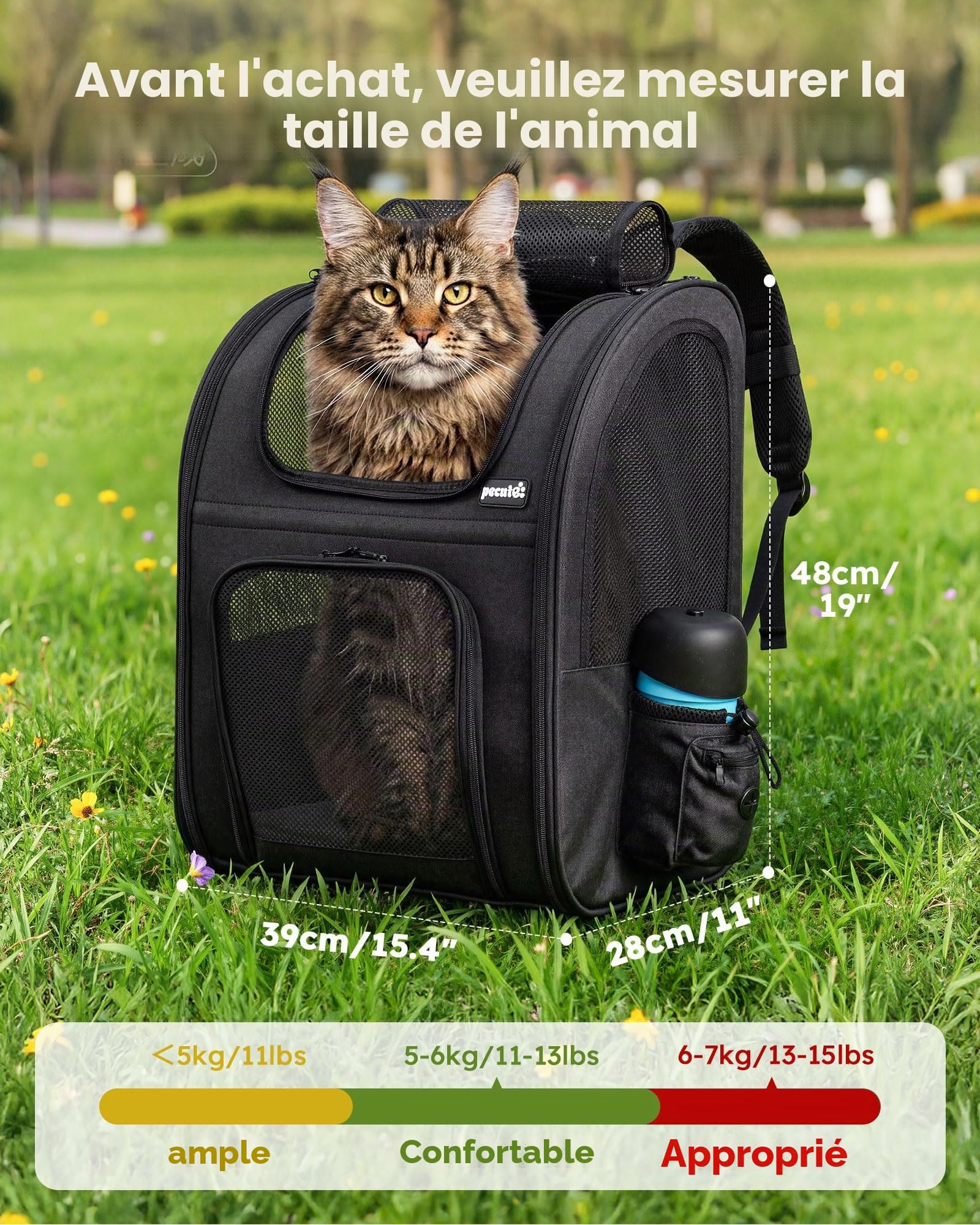 pecute Sac à Dos Chat Chien Respirant Grand, Sac Transport Chat, Noir | Confortable Sac Transport pour Chien , Stable Sac à dos Chien avec Laisse de Sécurité Intérieure et Tapis pour Voyage
