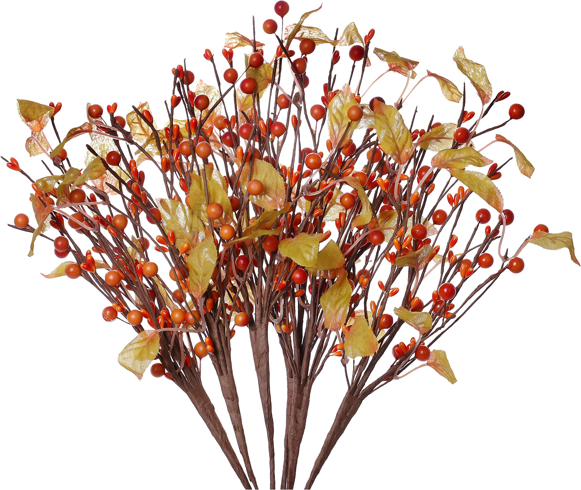 VioletEverGarden 6PCS Fall Stems, Artificial Fall Picks Berry Stems Autumn Eucalyptus Leaves Spray with Pip Berries(Orange Berries and Leaves)