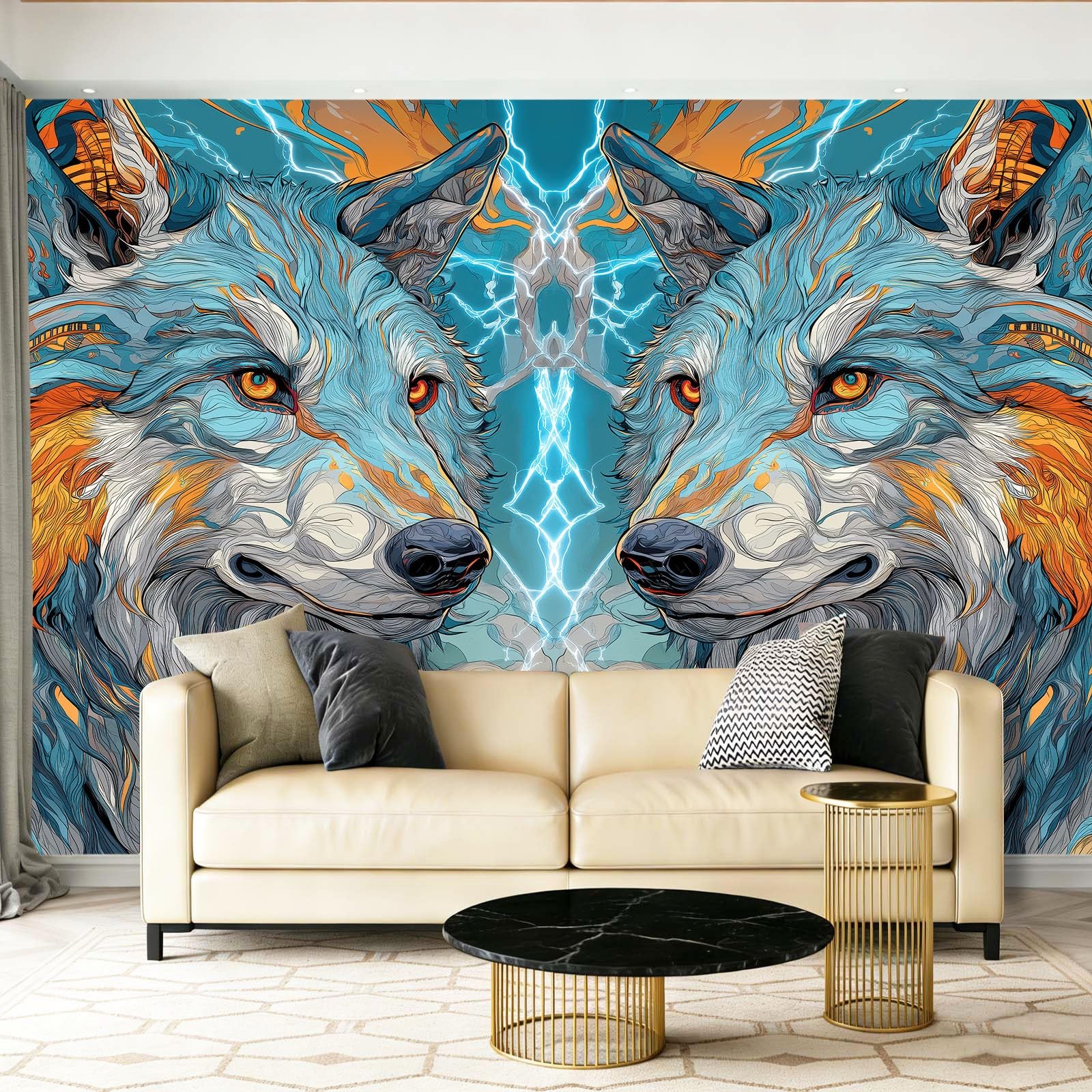 Papier peint panoramique tête loup symétrique bleu marine 350 x 256 cm décor mural salon