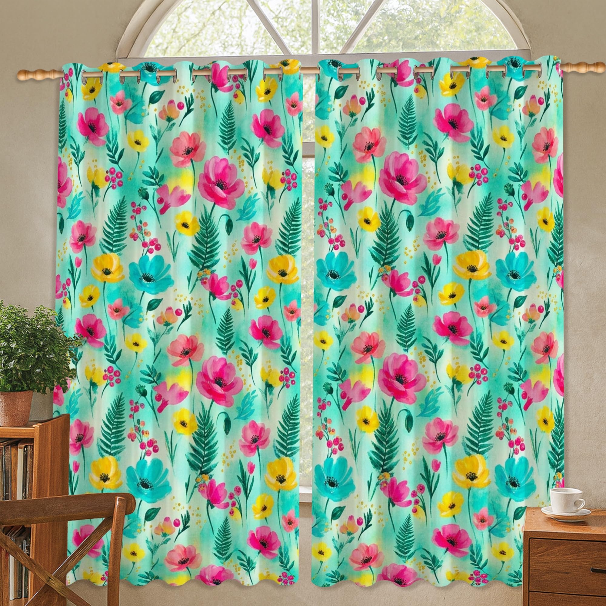 Rideaux occultants motif floral fougère baies pêche de 132x137 cm pour fenêtre de bureau lavable