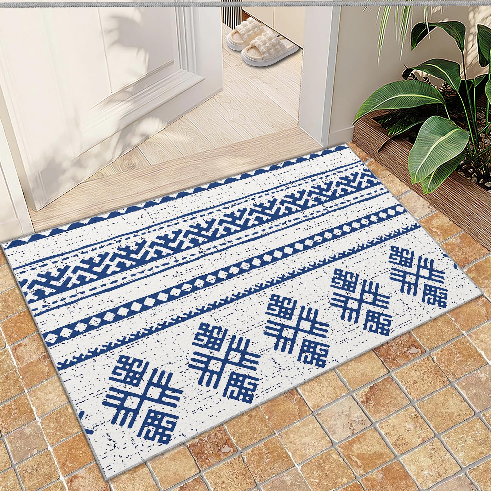 QDJKBL Entrance Rug 50 X 80 Cm Retro Bohemian Regular Print, Navy Blue and White Geometric Ethnic Doormats, Floor Mats Light Texture for Front Back Door
