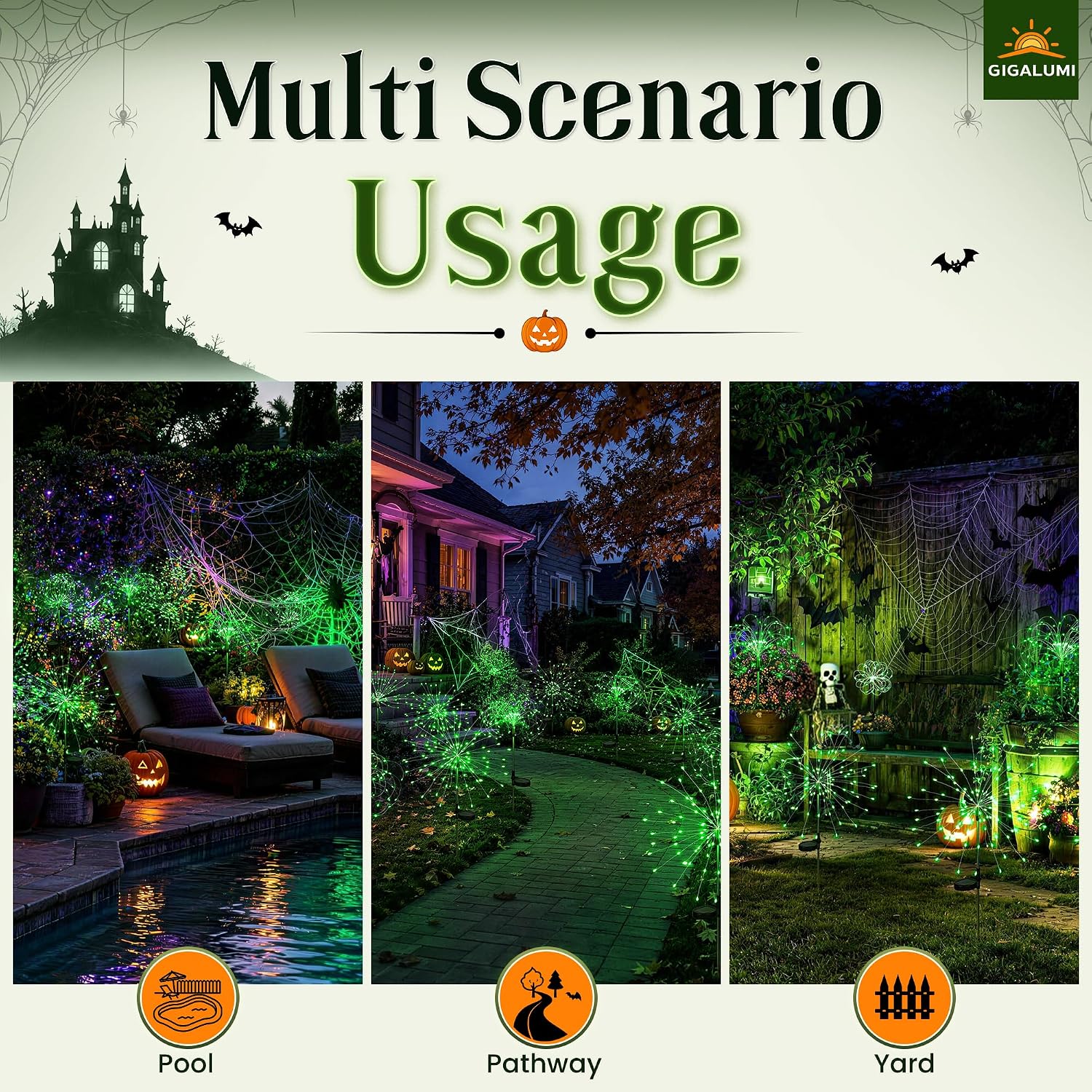  2 Pack Solar Firework Lights Outdoor, Halloween Decor, Green thumbnail