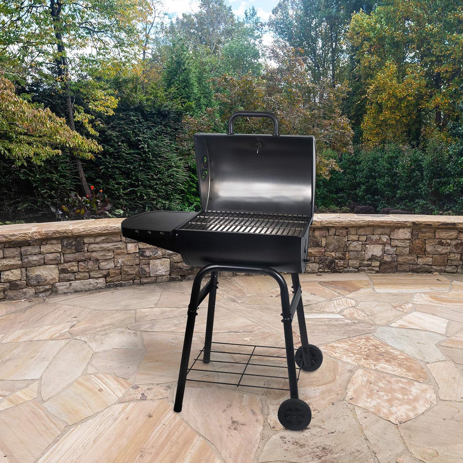 Char-Griller® King-Griller Gambler Charcoal Grill and Smoker with Damper Smoke Control, Cast Iron Grates, and Side Shelf, 315 Cooking Square Inches in Black, Model E1416