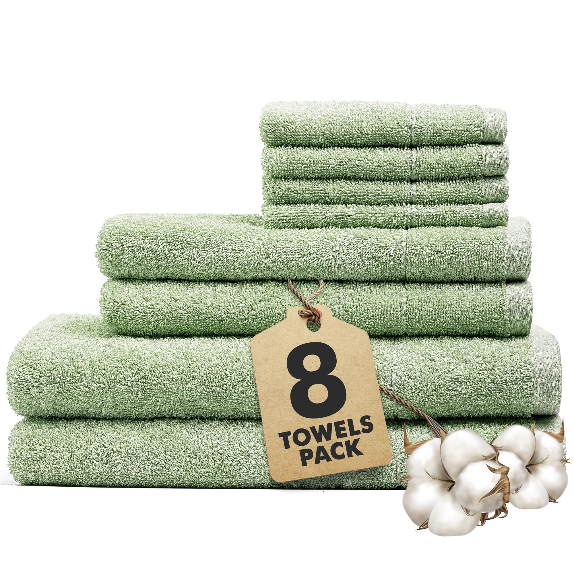 Novo Home Light Green Bath Towels Set Of 8 – 550 Gsm 100% Cotton Towel Set Bale Includes 2 Bath, 2 Hand, 4 Face Towels – Soft, Absorbent & Quick Dry Towel For Bathroom, Spa, Kitchen, Hotel Use