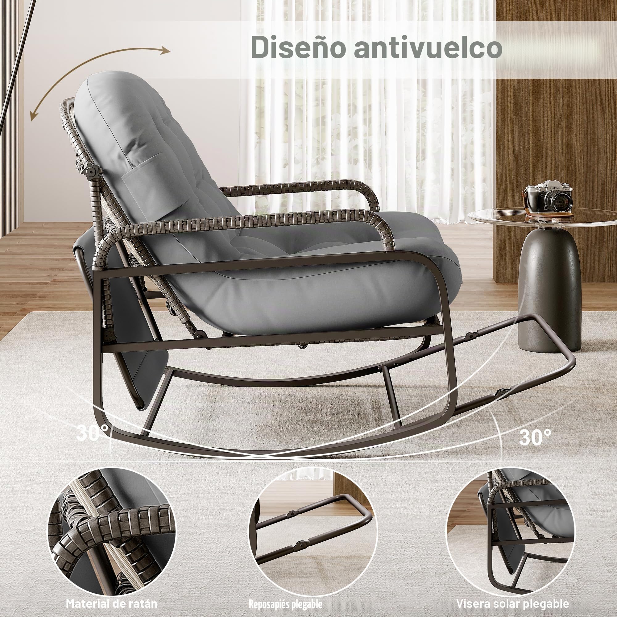 Sillón mecedora exterior interior, silla de salón de ratán PE con cojín acolchado y toldos, mecedora para dormitorio, salón, jardín, terraza (gris)