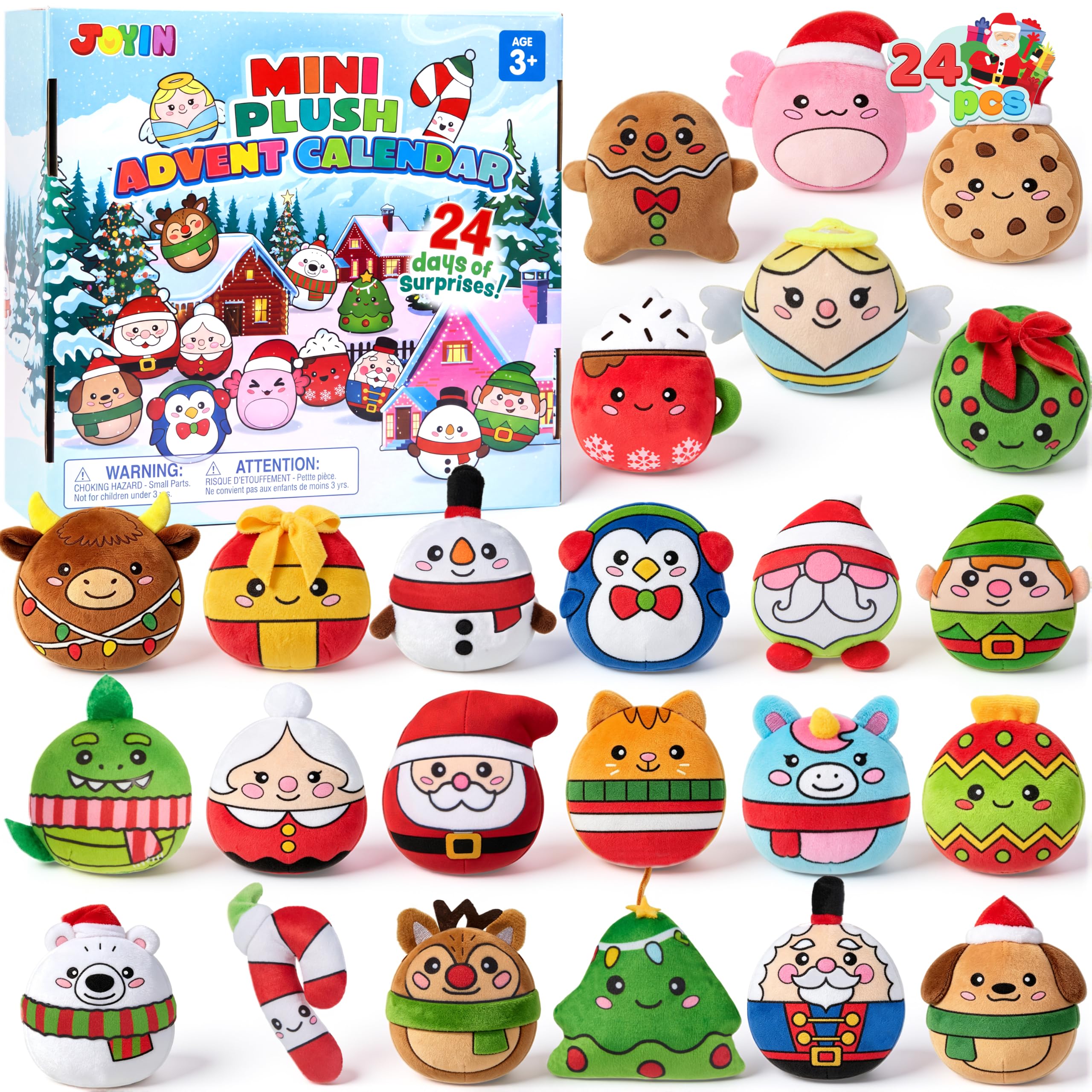 JOYIN 24 Pcs Mini Plush Advent Calendar, Christmas Themed Soft Toy Set with Santa, Reindeer, Snowman, Gingerbread & More, Holiday Countdown Decorations Stocking Stuffers Gifts for Kids Girls Boys