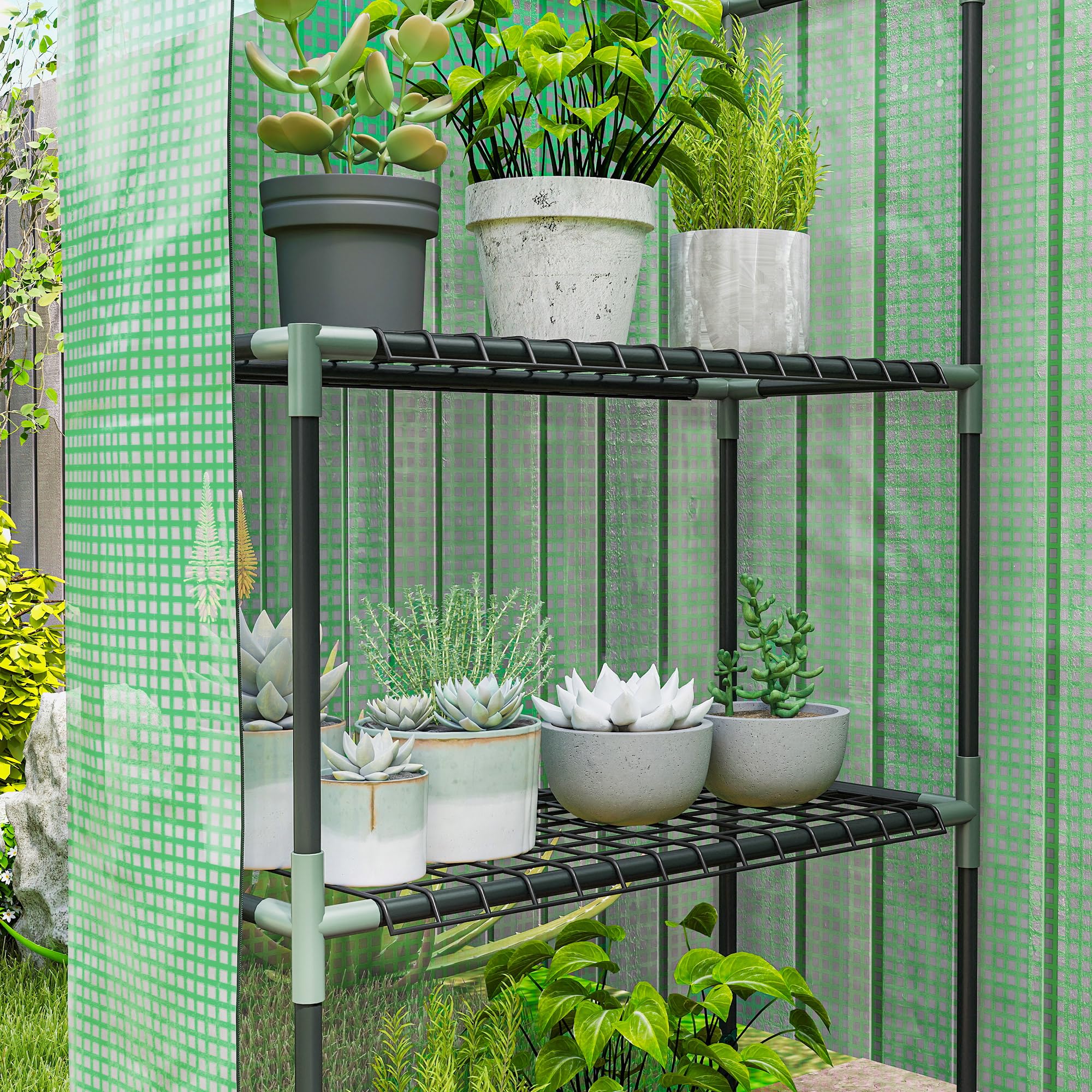 Outsunny Serra da Giardino con Ripiani a 3 Livelli 142x73x195 cm Verde | Porta Avvolgibile a Zip, Serra per Orto, Struttura in Acciaio, Copertura PE, Verdure Fiori Frutta, Anti UV, Giardinaggio
