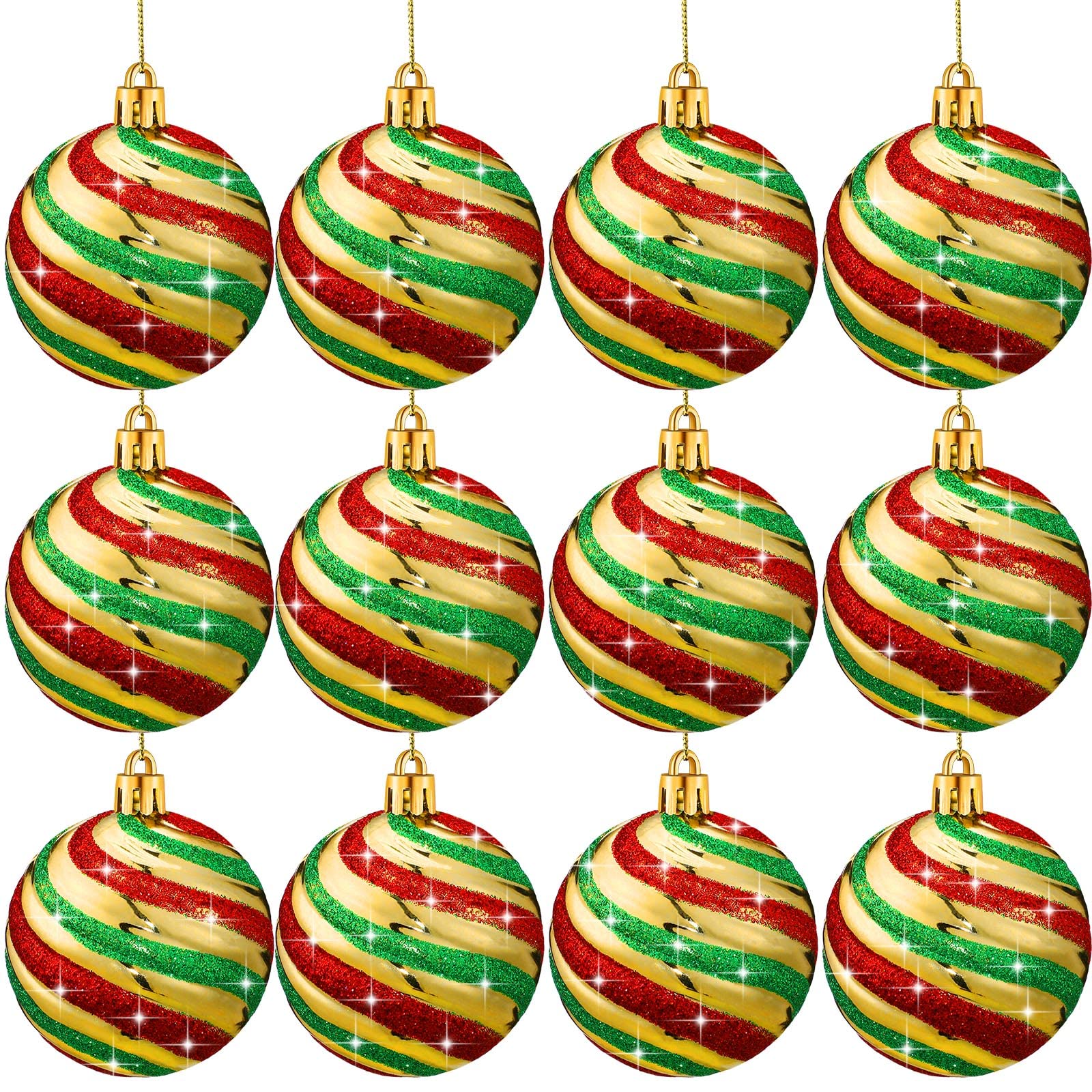 12 Pcs Christmas Ball Ornaments Glitter Green Christmas Balls Vintage Christmas Ball Ornaments Xmas Swirl Decorative Hanging Ornaments for Christmas Tree Home Decorations, 2.4 Inches