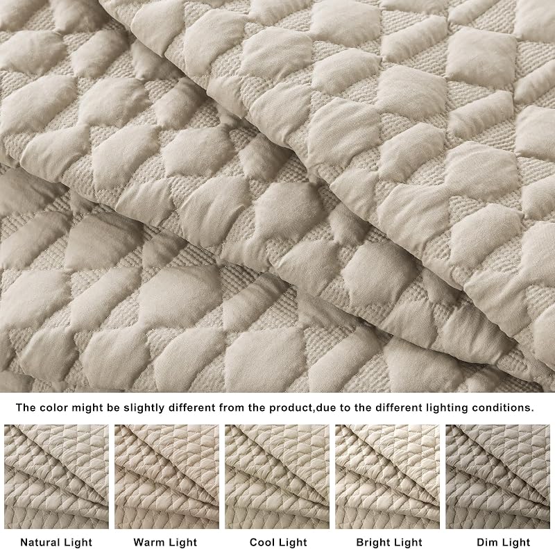 Beige Quilt King Size Bedding Sets with 2 Pillow Shams, Lightweight Soft Bedspread Coverlet, Quilted Blanket Thin Comforter Bed Cover, All Season Summer Spring, Tan Cream, 3 Pieces, 104x90 inches image 3