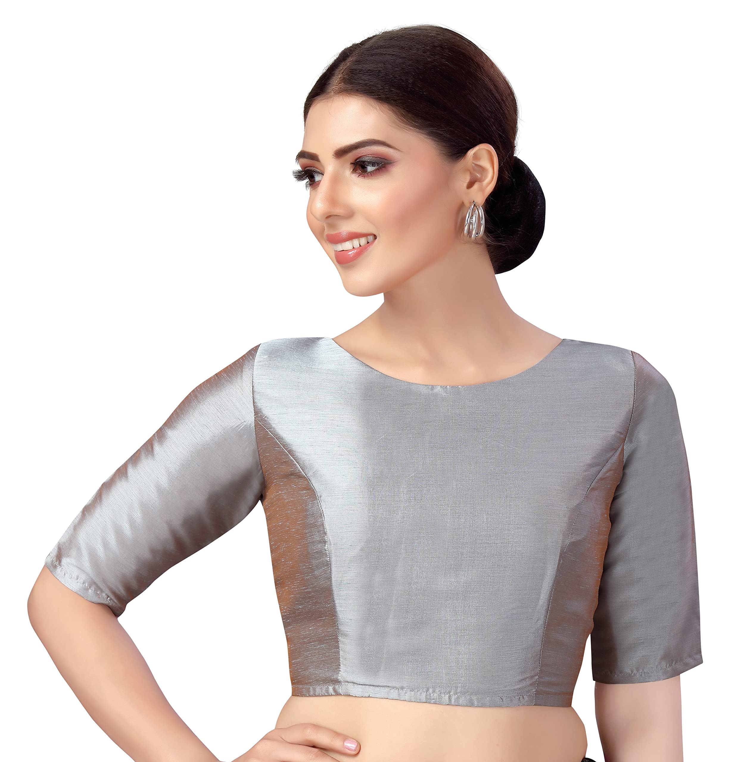 Studio Shringaar Women's Polyester Elbow Length Sleeves Plain Coloured Saree Blouse.
