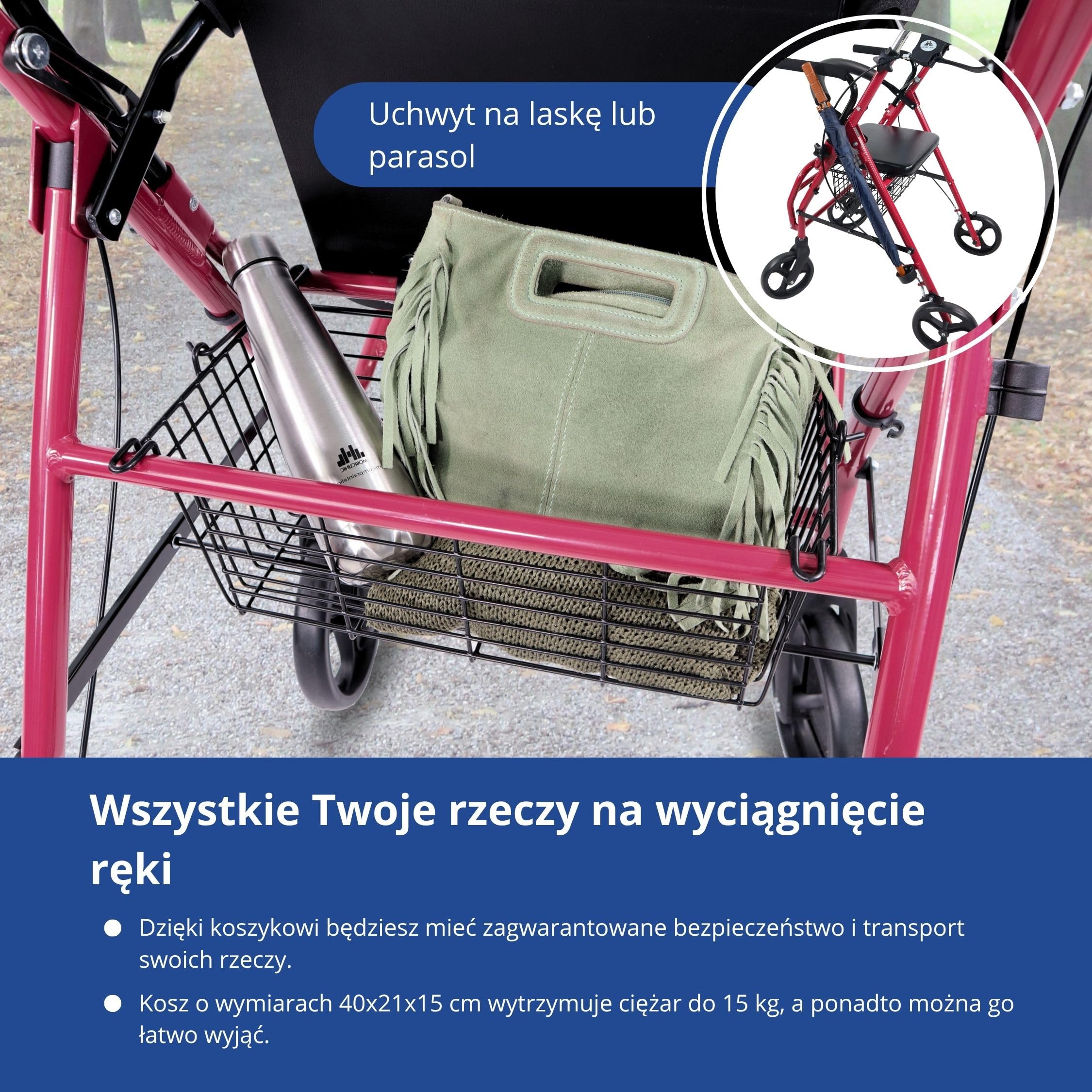 Mobiclinic® pro, Model colon, Spacerownik dla osób niepełnosprawnych, Starszych, Dorosłych lub w podeszłym wieku, Aluminiowy, Lekki, Składany, Z siedziskiem i 4 kołami. kolor bordeaux
