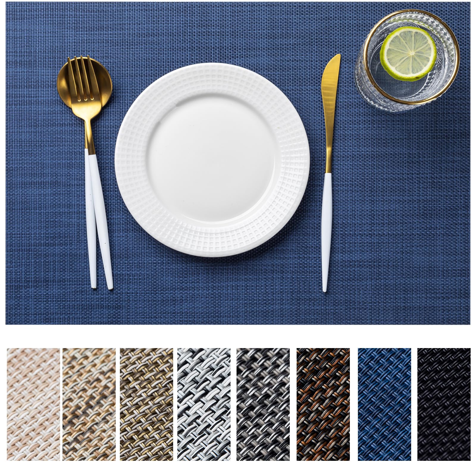 LEXMORE Placemats Set of 4 Vinyl/Plastic Woven Place Mats for Kitchen Table Indoor/Outdoor Washable Placemat Wipeable Dining Table Mats(Navy Blue)