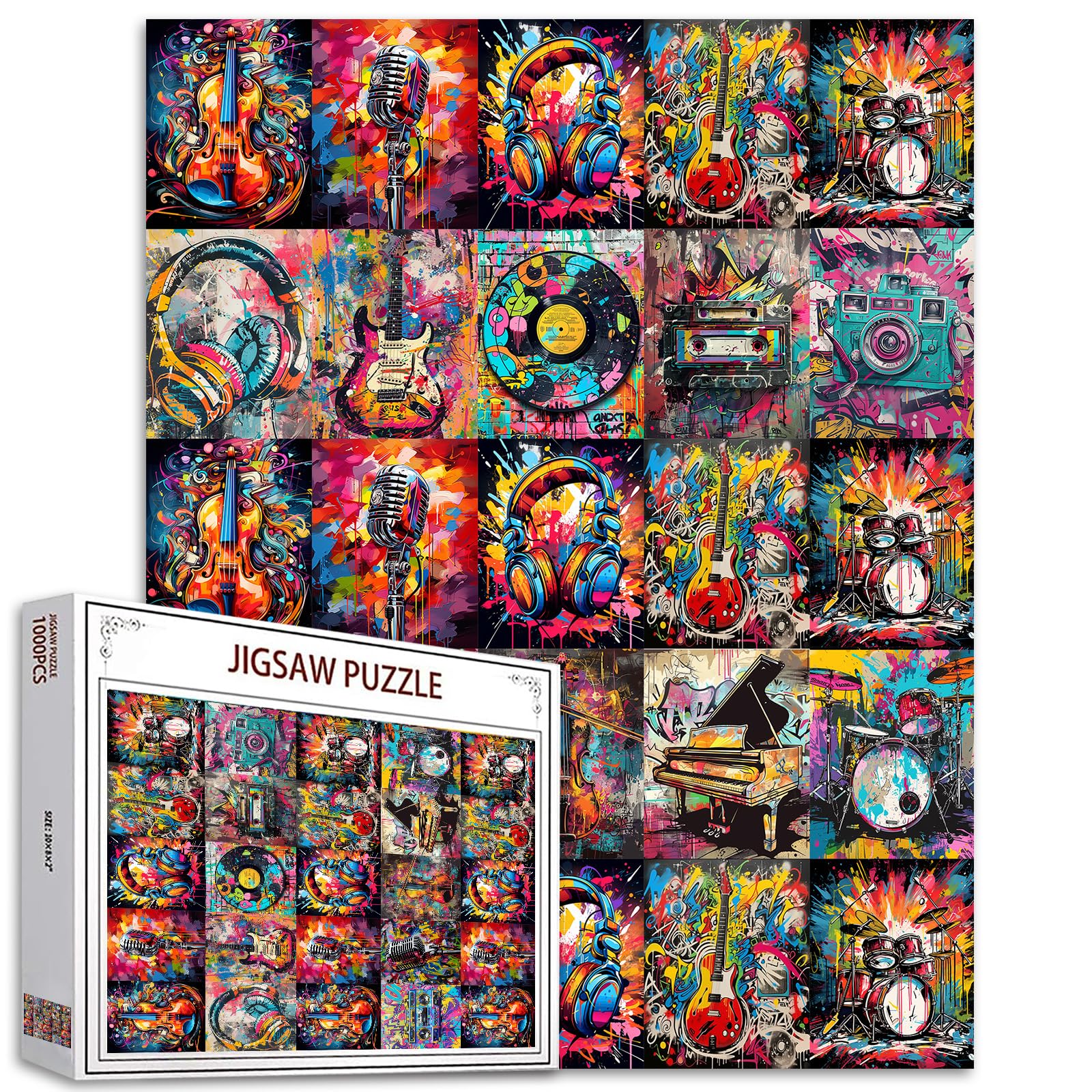Mixed Instruments Jigsaw Puzzle 1000 Pieces Puzzles for Adults Kid Graffiti Retro Street Art Jigsaw Puzzles for Challenging Family Activity Games Colorful DIY Puzzle for Home Decor Gifts 50x70cm