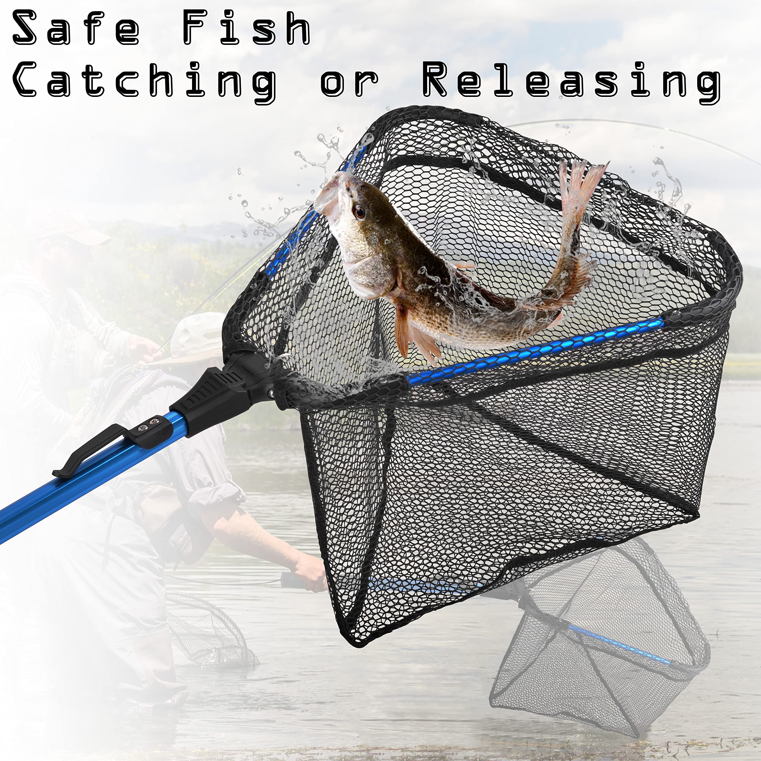 Fishing Landing Net with Telescoping Pole Long Handle Foldable Collapsible Rubber Floating Fishing Net Telescopic Extendable Fishing Net for Kayak Saltwater Freshwater Fishing (Blue, Single) : Sports & Outdoors