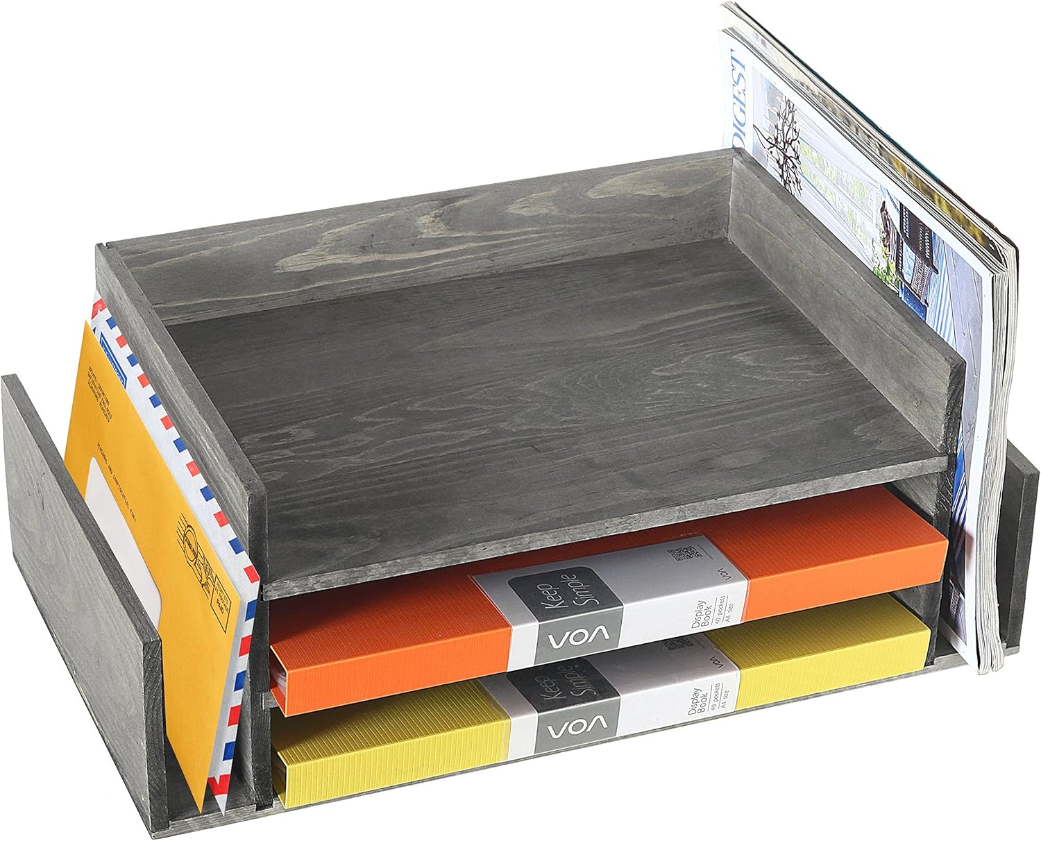 MyGift Barnwood Gray Wood Desktop Paper Tray, 2 Tier Document File Folder Letter Sorter Organizer Rack with Mail Holder Slots, Office Desk Tray