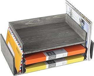 MyGift Weathered Gray Wood 3-Tier Desktop Paper Tray Organizer, Document and Folder Rack with 2 Side Mail Holder Slots