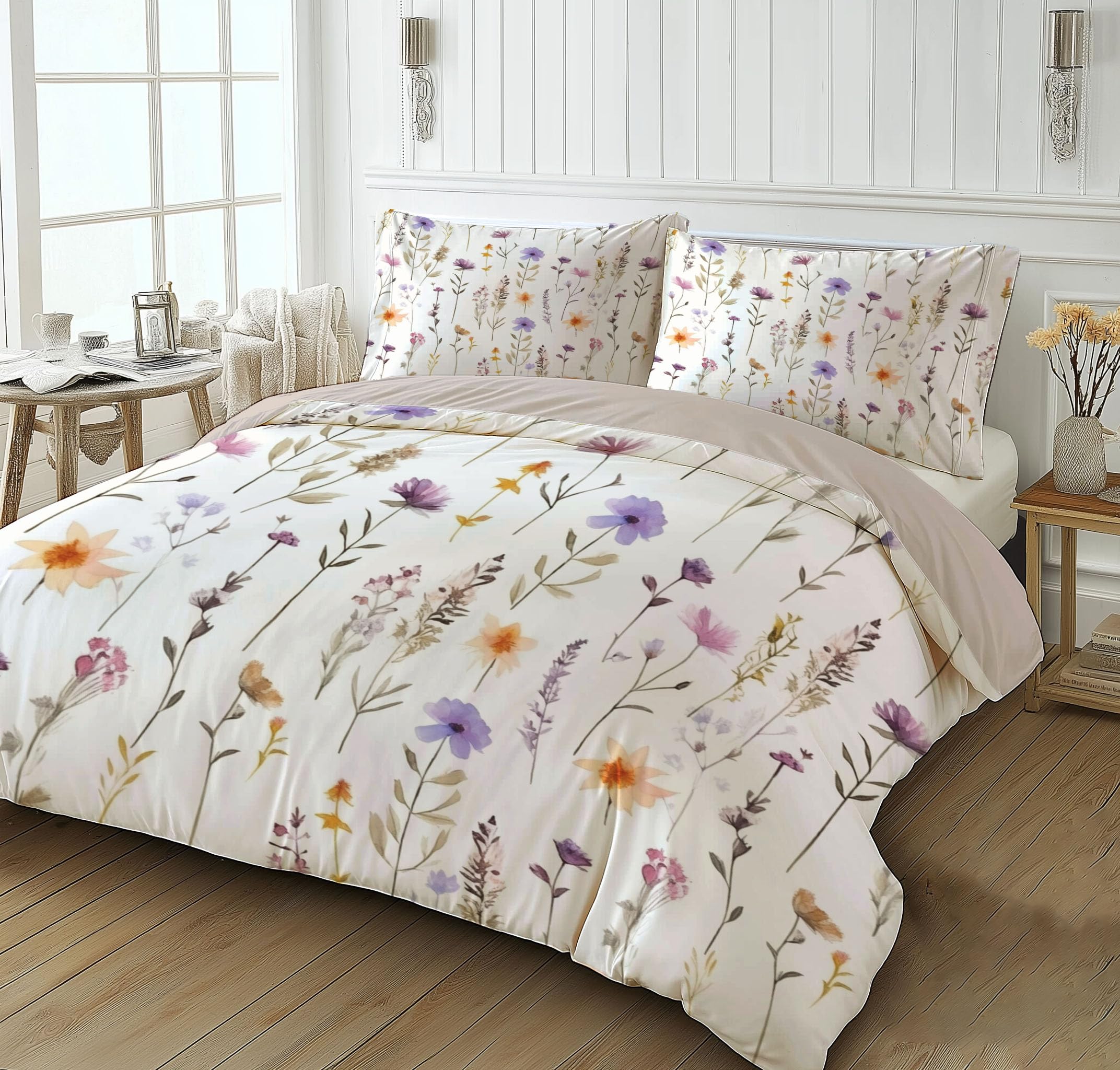 Funda Nórdica Cama 180/200 Infantil Adulto, 3 Piezas Campo Flores 3D Juego De Ropa De Microfibra 260x240CM Campo Flores Funda De Edredón Y 2 Fundas De Almohada Blanco