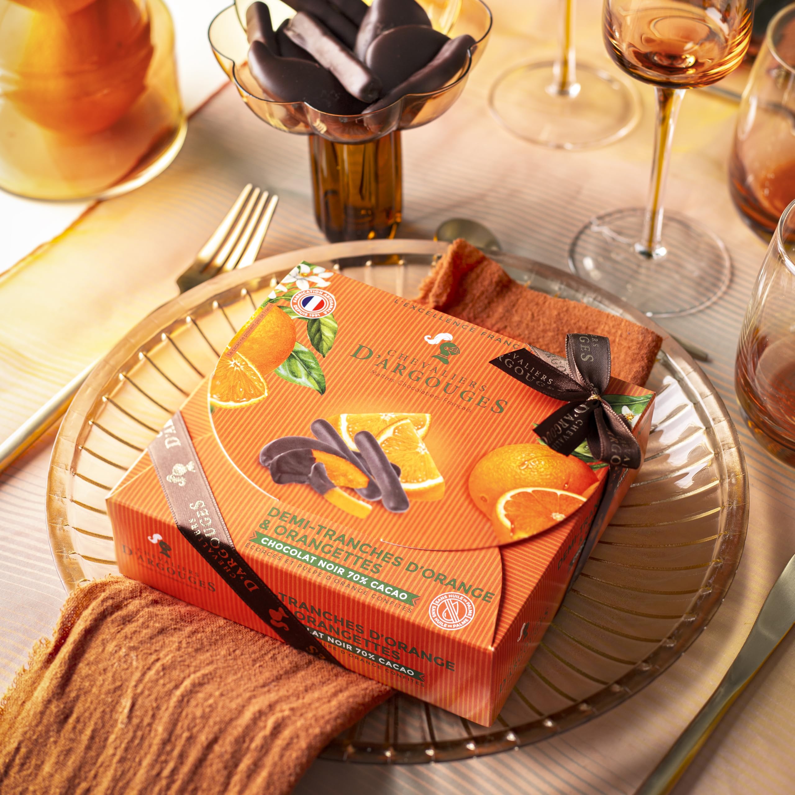 CHEVALIERS D'ARGOUGES Maîtres Chocolatiers Français - Assortiment orangettes et tranches d'oranges enrobées chocolat noir 70% - Coffret cadeau 170g