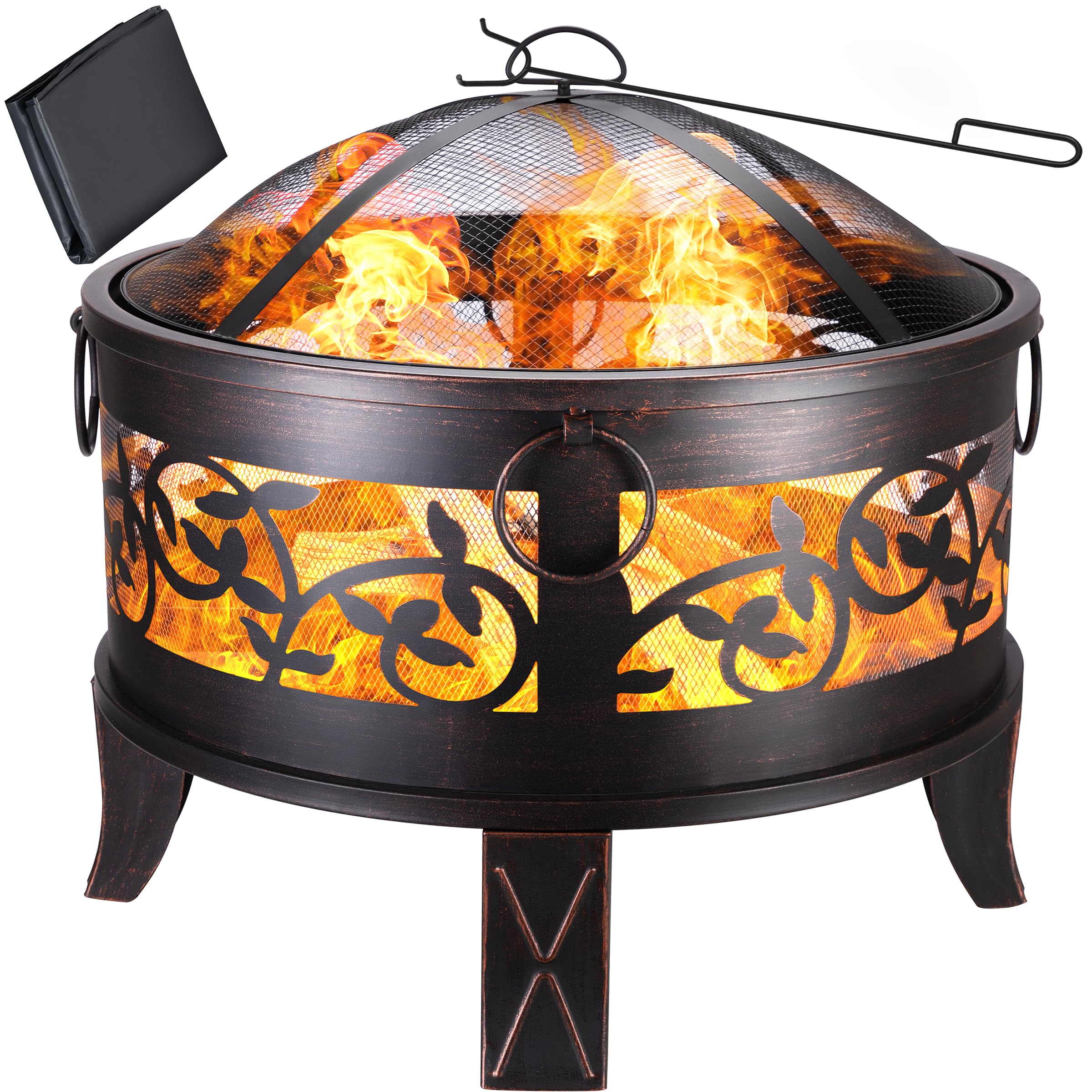 GARDEBRUK® Feuerschale mit Funkenschutz Rund Ø66cm Schürhaken Abdeckung Schwarz Modern Terrasse Garten Feuerstelle Feuerkorb Kamin Ofen Holz Grill