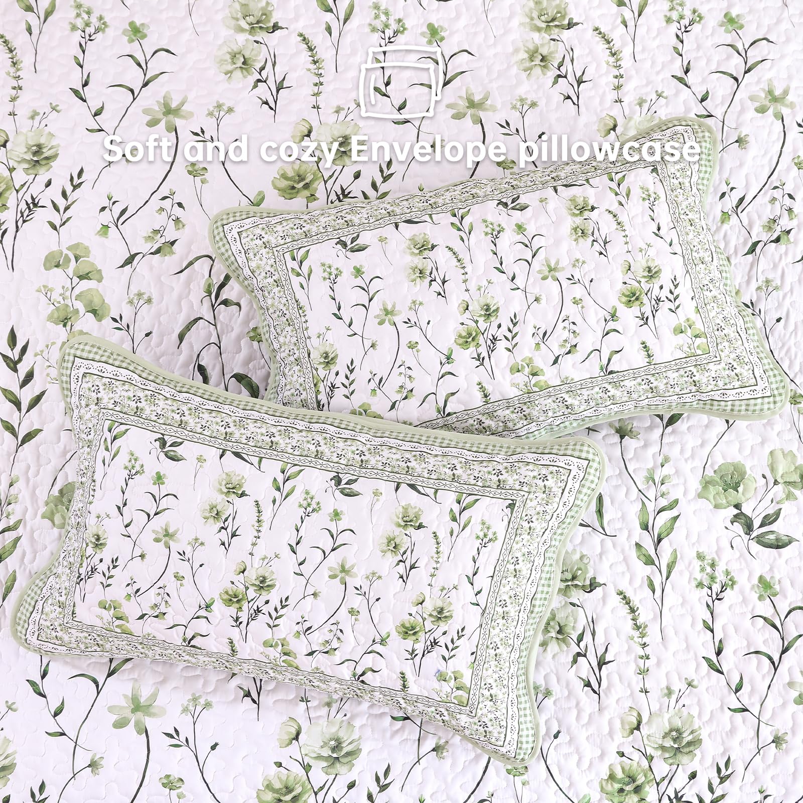 WONGS BEDDING Bettwäsche-Set mit Blumenmuster, Queen-Size-Größe, Salbeigrün, Tagesdecken-Set mit 2 Kissenbezügen, Mikrofaser, leicht, Blumen, botanische Bettwäsche-Sets für alle Jahreszeiten (243,8 x