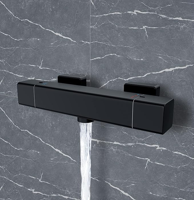 HOMVIVA® Thermostatic Shower Mixer Tap, Modern Square Wall Mounted Shower Mixer Bar, Brass