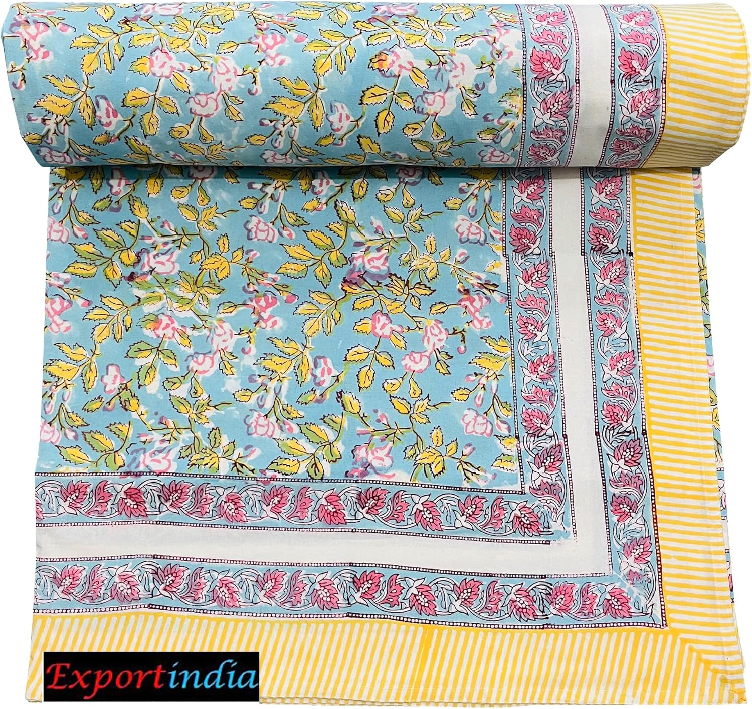 Exportindia Indian Hand Block Print 100% Cotton Bedsheet BedCover Bedspread Flat Sheet with 2 Pillow Cover (King/Queen Size 90x108 Inch)