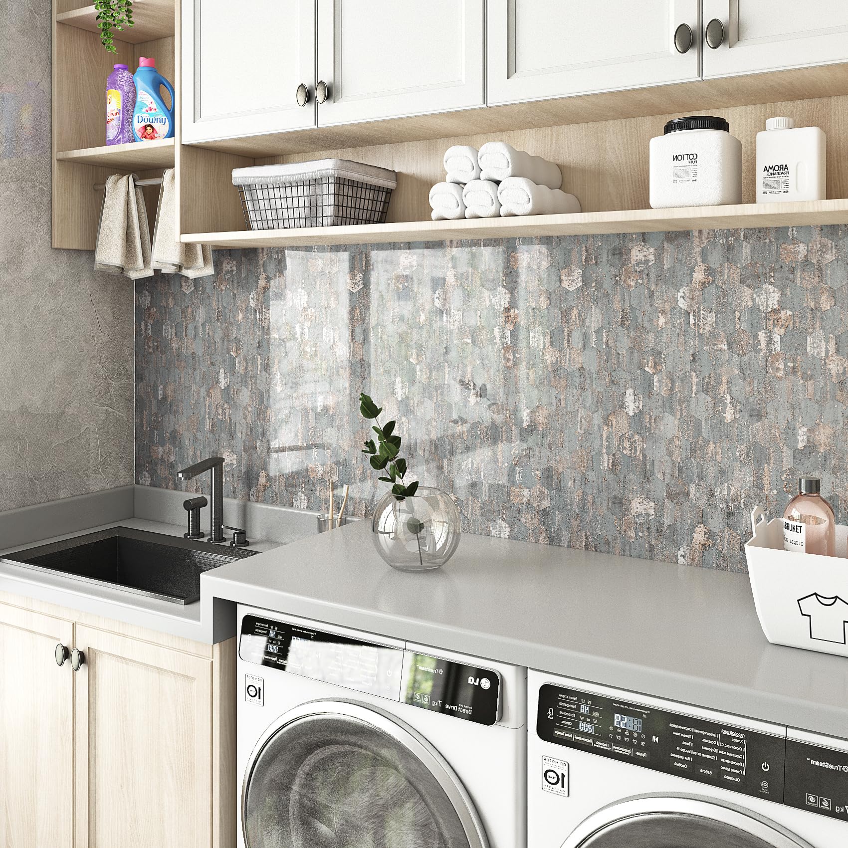 Livelynine Paraschizzi Cucina Adesivo Rosa e Grigio 40CMx10M Impermeabile Carta da Parati Autoadesiva Muro Cucina Bagno Cemento Grigio Carta Adesiva per Mobili Geometrica Pellicola Adesiva