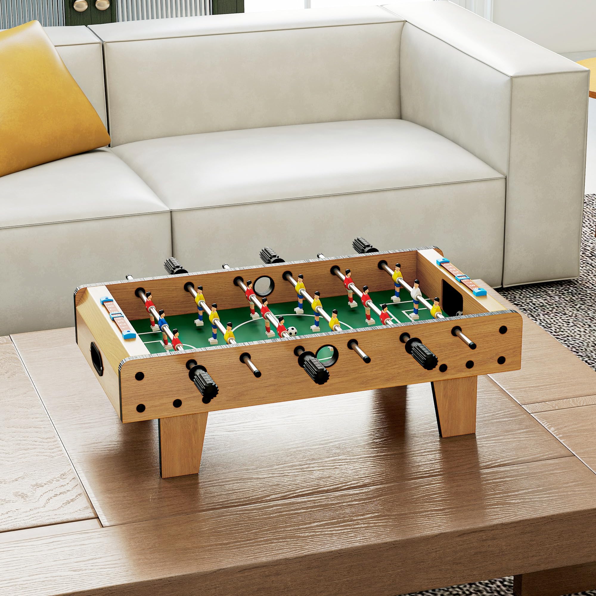 HOMCOM Calcio Balilla Adulti Bambini 2 Palline 69x36.5x22 cm Color Legno | 18 Giocatori e Segnapunti, Calcetto Balilla in MDF, per Casa Scuola, per 2-4 Persone