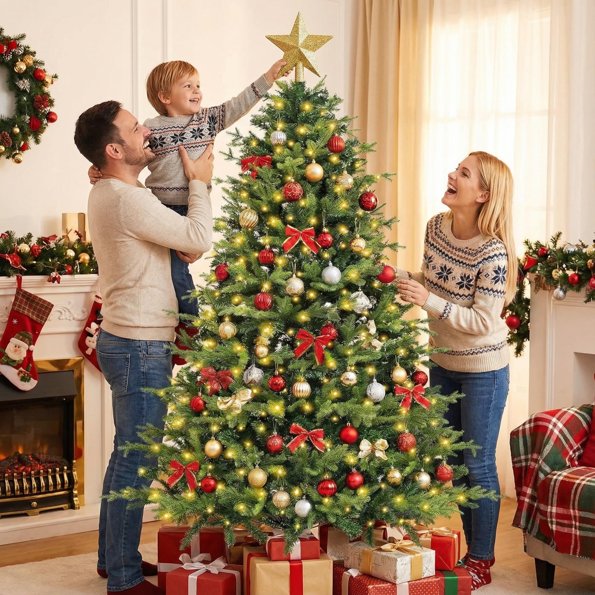 Sapin de Noël Artificiel 180 cm - Sapin de Noël avec lumières Blanc Chaud - 1000 Pointes de Branche en polyéthylène PVC - Pliable - pour décoration de Noël intérieure