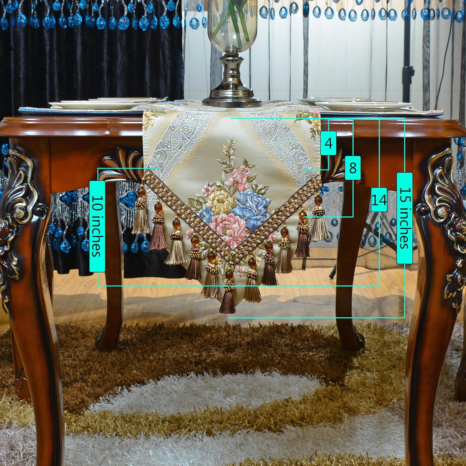 Extra Luxury Velvet Blue Table Runner 120 Inches Long with Vintage Damask Jacquard Design for Dining Room,Living Room,Home Decor,Elegant Beaded Tapestry (X-Beige, 13×72 inch)