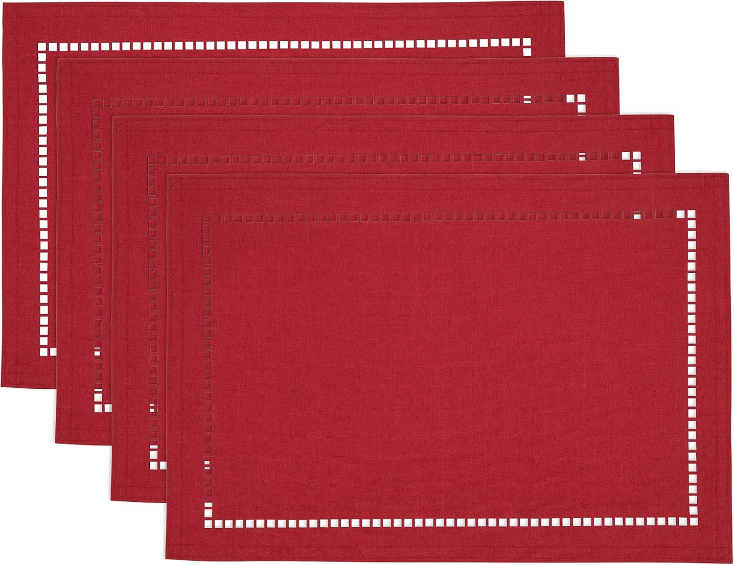 SARO LIFESTYLE Hadleigh Collection Laser-Cut Hemstitch Placemats (Set of 4), 13"" x 19"", Red"