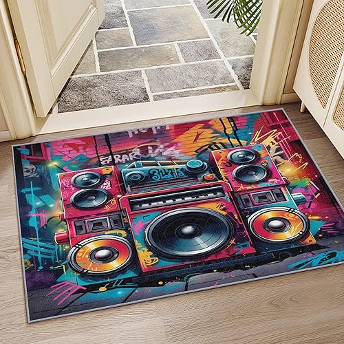Miniatura 2 de Boombox - Alfombra de 3 x 5 pies con temática musical de graffiti para dormitorio, antideslizante, pelo bajo, lavable a máquina, para sala de estar,