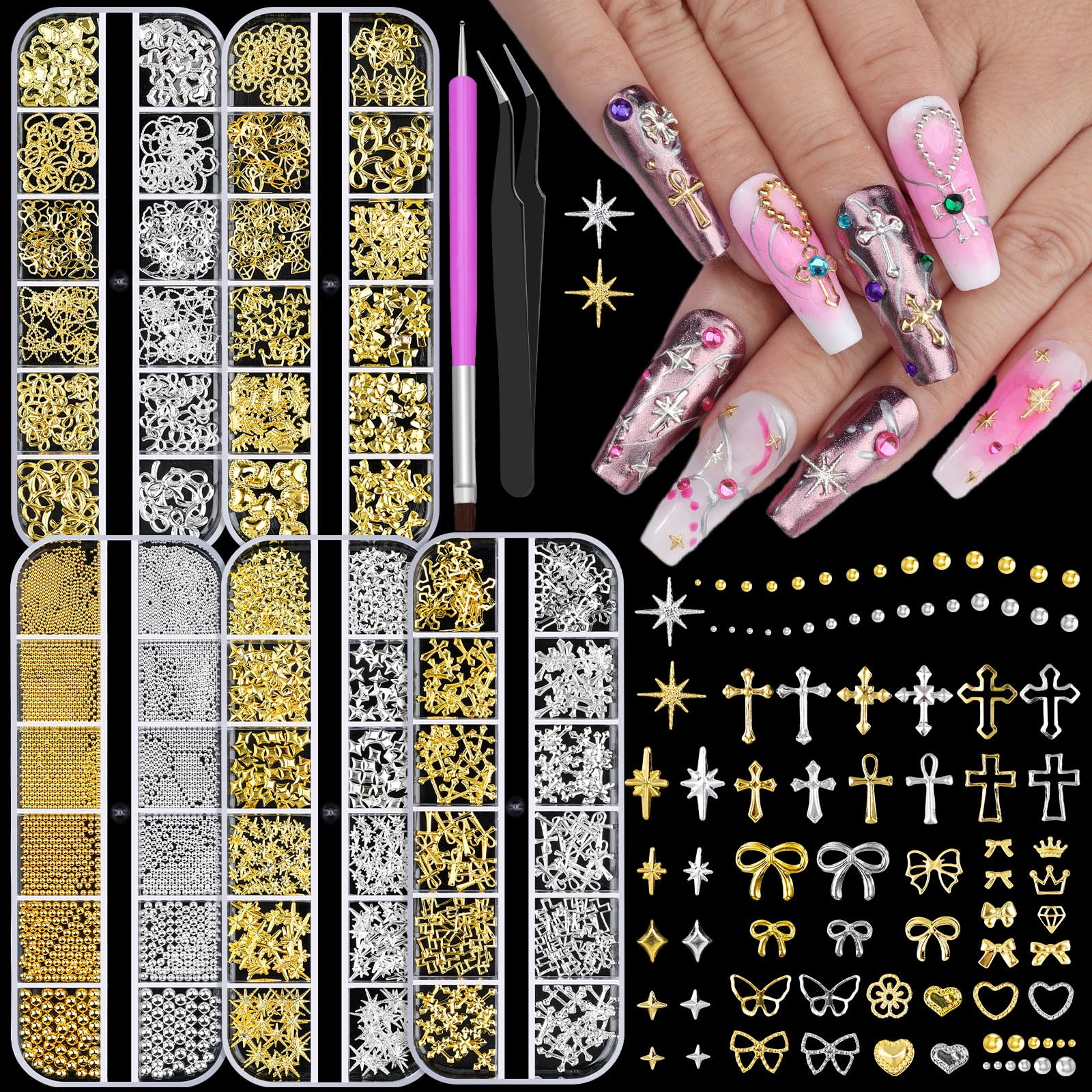 5 Boxes Gold and Silver Nail Charms, 3D Star Cross Nail Charms, Gold Silver Metal Nail Art Decoration, Bow Heart Butterfly Crown Caviar Beads Nails Studs with Pickup Tools for Nails Design DIY Craft