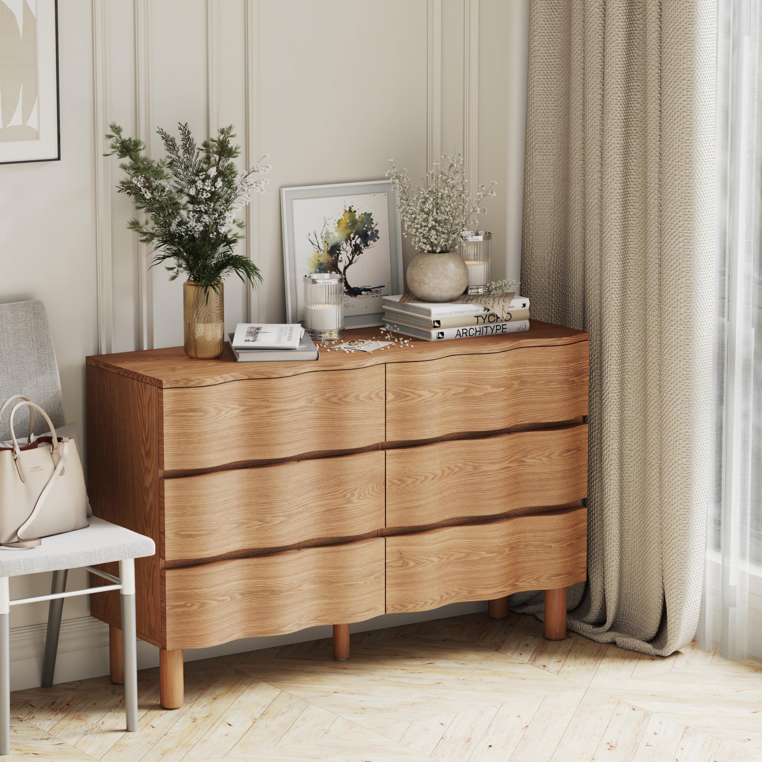 COZAYH Modern Farmhouse 6 Drawer Dresser with Wave Design Front, Rustic Dresser Chest of Drawers with Natural Wood Texture for Living Room, Bedroom,