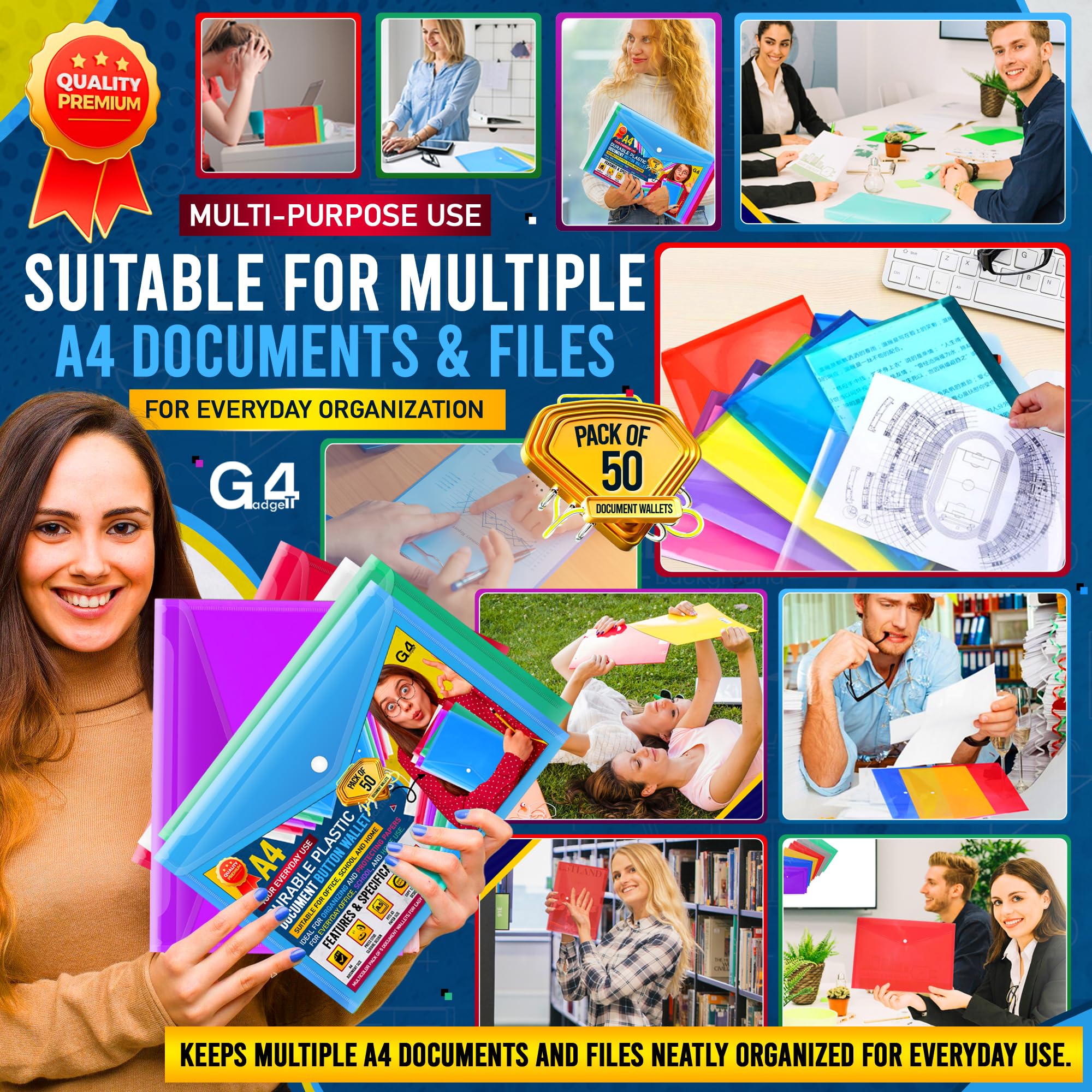 50 Dokumententaschen aus Kunststoff, A4/Foolscap-Format, transparent, mit Druckknopf, verschiedene Farben