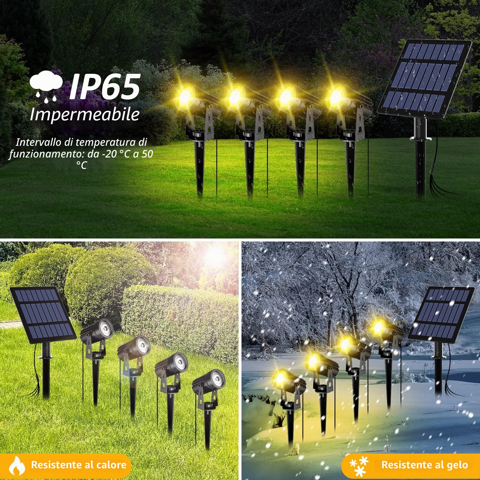 T-SUN Faretti Solari Esterno, 4-IN-1 Bianchi Caldi 3000K Lampade Solari da Giardino, 2 Livelli di Luminosità, Impermeabili IP65, Luci a Energia Solare per Piscina, Cortile, Vialetto, Patio, Alberi.