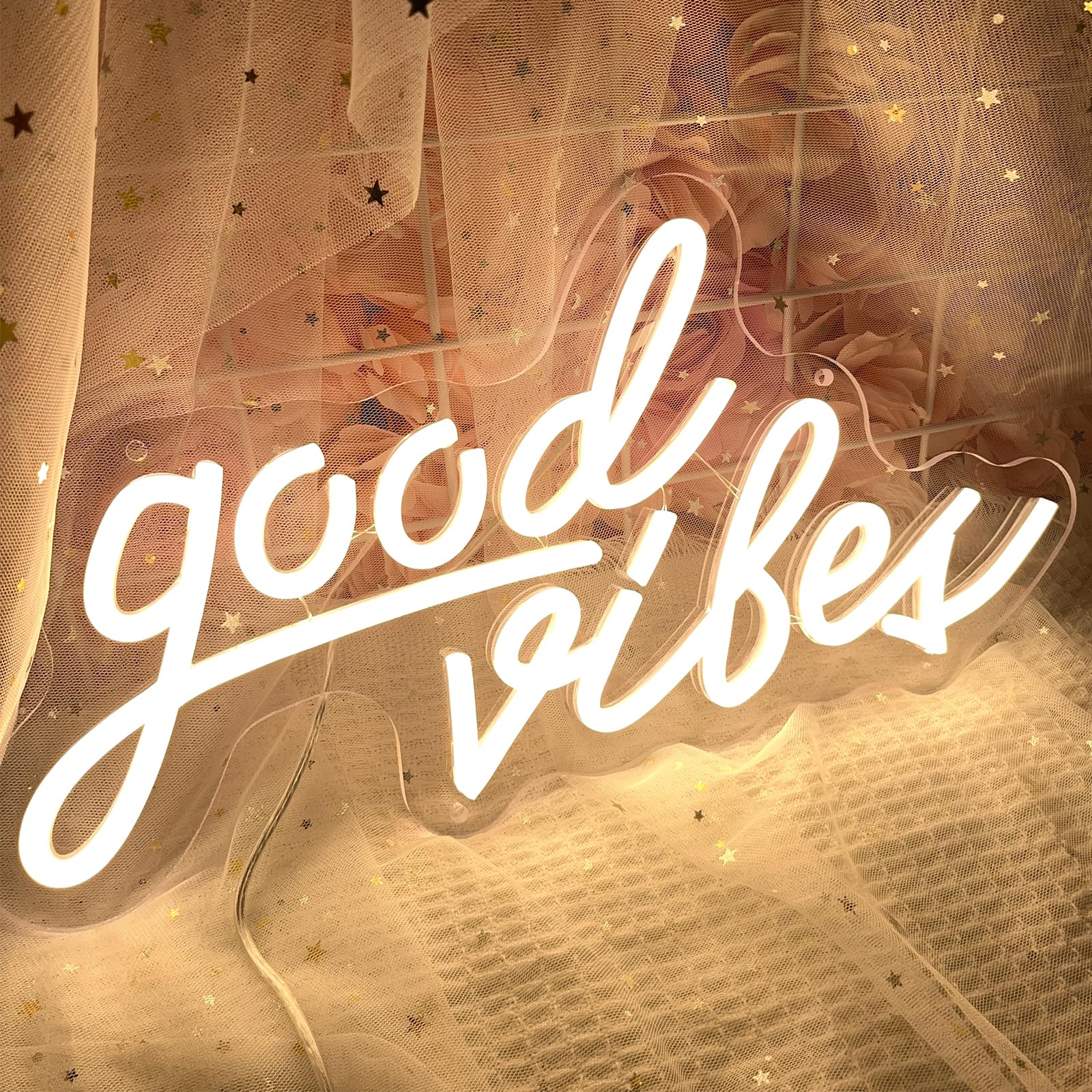 Good Vibes Neon Signs for Wall Decor, Neon Lights Sign for Bedroom, USB Powered LED Neon Lights for Girls Room Bedroom Dorm Party Decorations, Warm White 16 x 8 inches