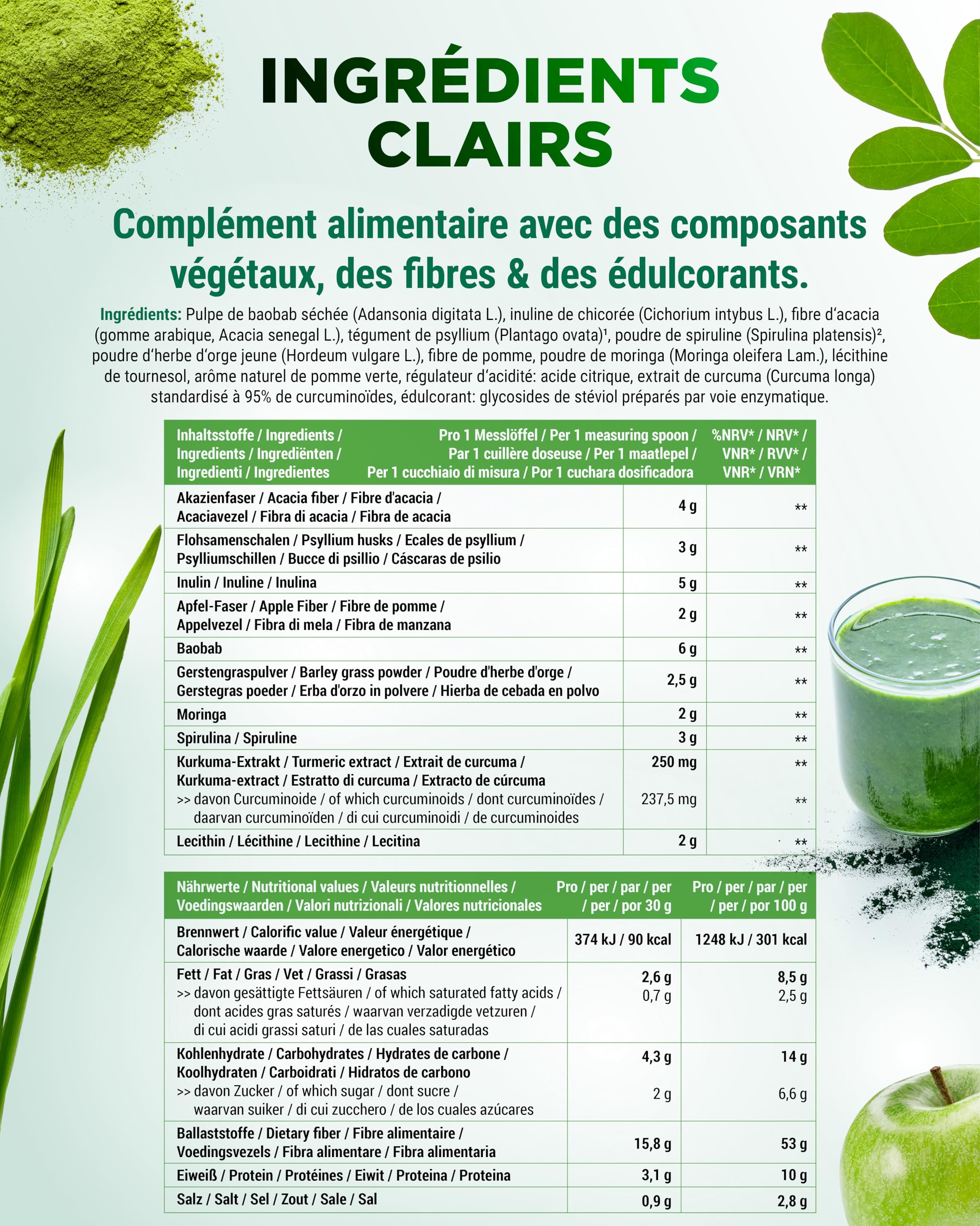 Daily Greens & Fiber Poudre - Combinaison de Fibres & Superfoods - Psyllium, Spiruline, Moringa, Herbe d'Orge, Inuline, Fibre de Pomme, Extrait de Curcuma, Fibre d'Accia, Lécithine (600g Pomme Verte)