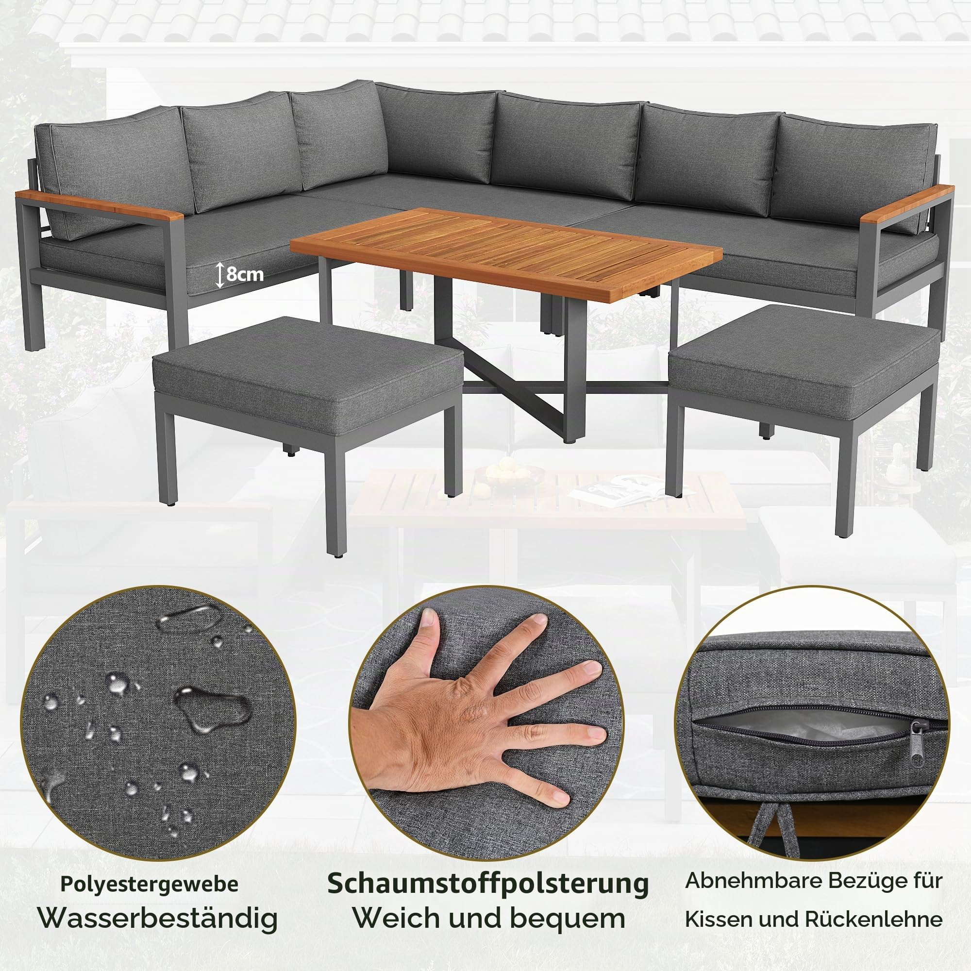 Gartenlounge-Set für 7-8 Personen, Gartenmöbel, Gartenmöbel Set für Garten, Balkon, Terrasse, wetterfest Sitzgruppe Essgruppe, Moderne Gartengarnitur,Gartenmöbelset mit Gestell aus verzinktem Eisen